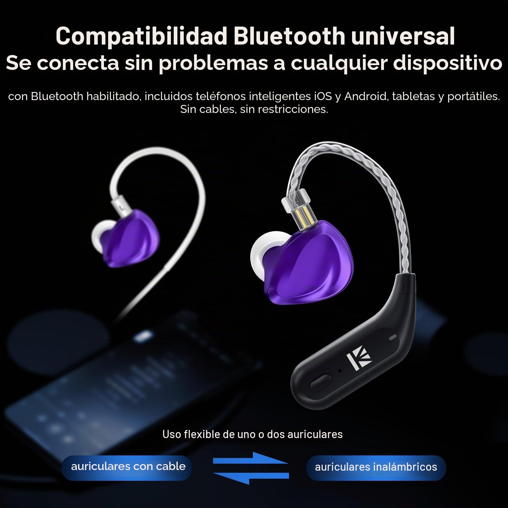 Yinyoo KBEAR BT15 PRO Bluetooth 5.4 Módulo inalámbrico con gancho para la oreja para deportes HIFI Amplia compatibilidad Cable de auriculares para KZ ZS10 PRO/EDX PRO/ZSN PRO/ZST (negro, 2 pin0.78 mm)