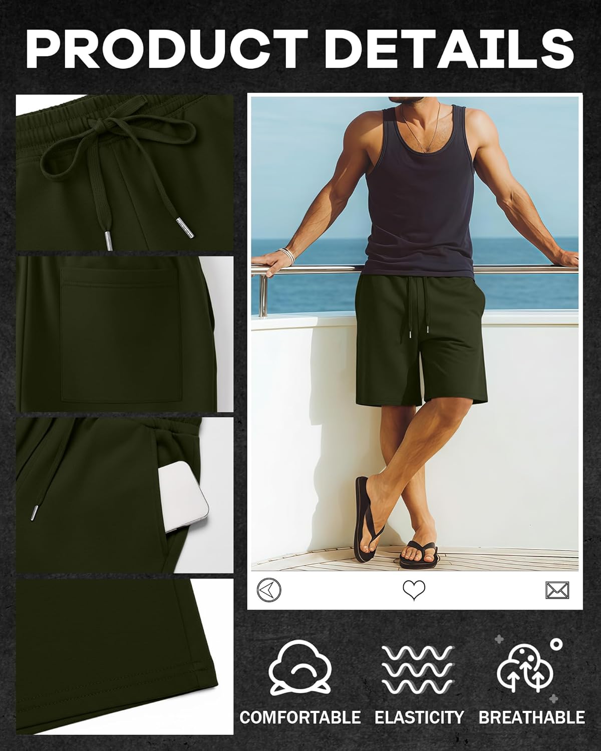 Riyiper 3 Pack Men's Bermuda Athletic Shorts Cotton Casual High Waist Shorts with Pockets Drawstring Knee Length Shorts - Image 6