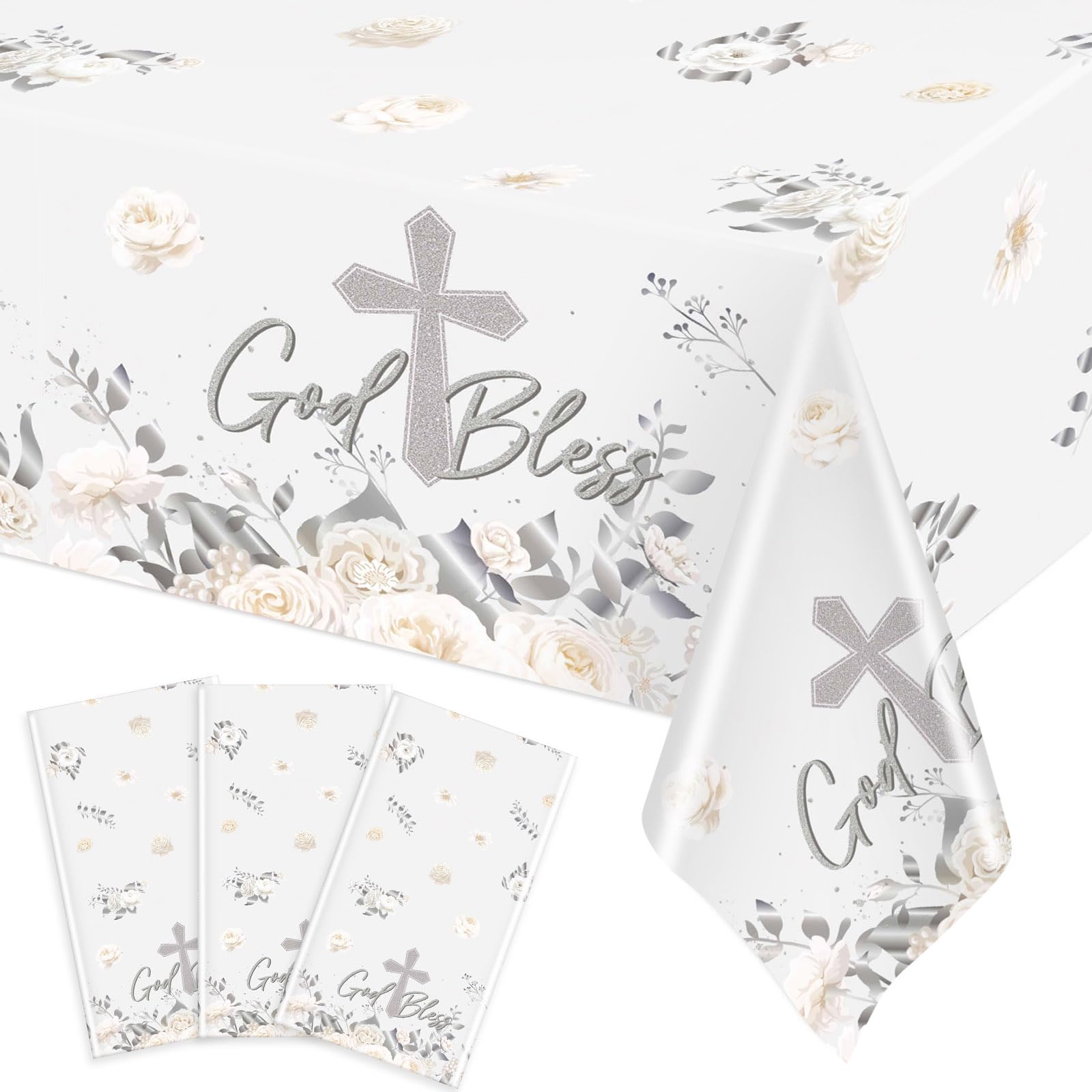 Ganeen 3 Pcs God Bless Baptism Tablecloth First Communion Decorations