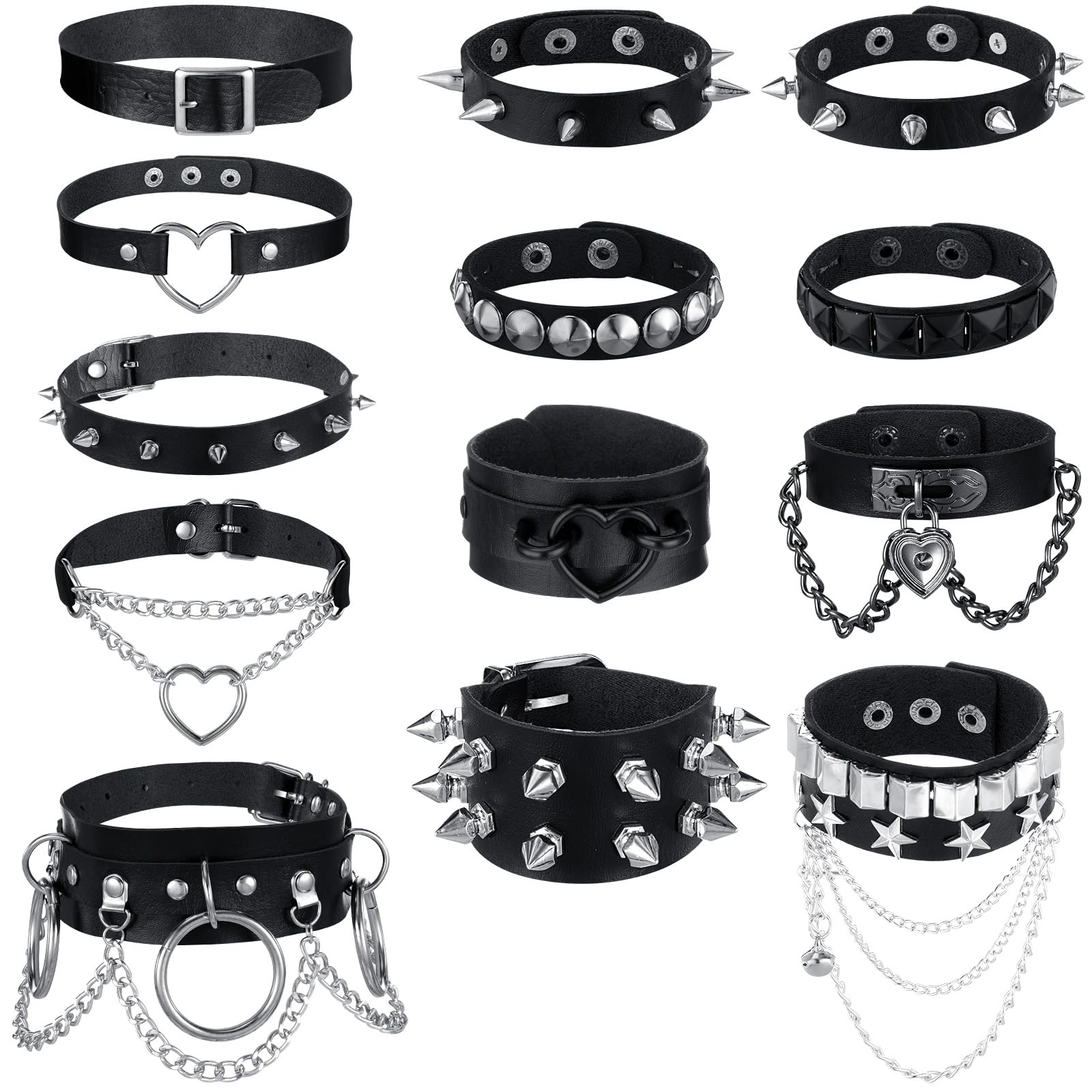 Cunno 13 Pcs Leather Spike Choker Studded Bracelet Cuffs Set Gothic Punk Rock Jewelry Set Costume Accessory