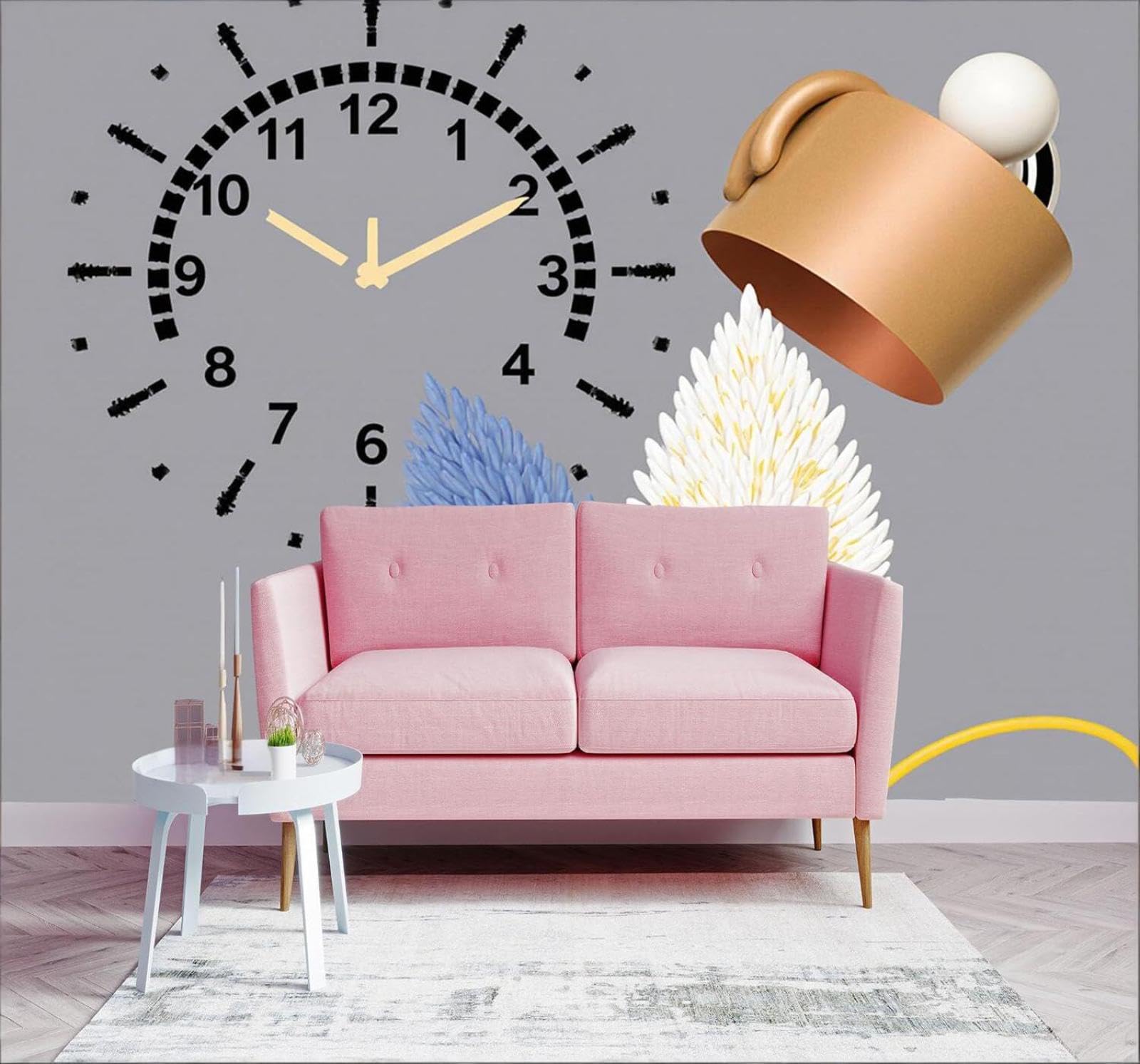 Tzxztt Minimalist Clock Abstract Lamp Leaves Modern 3D Wallpaper Premium Textured Silk Neutral Tones Material Ideal for Living Room Bedroom-400cm×280cm