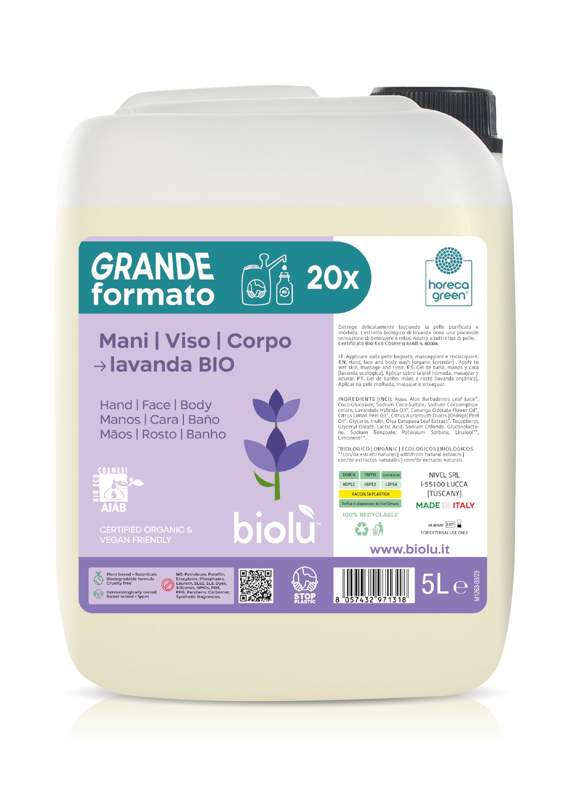 Biolù Sapone Liquido Mani Viso Corpo, Grande Formato 5 Litri