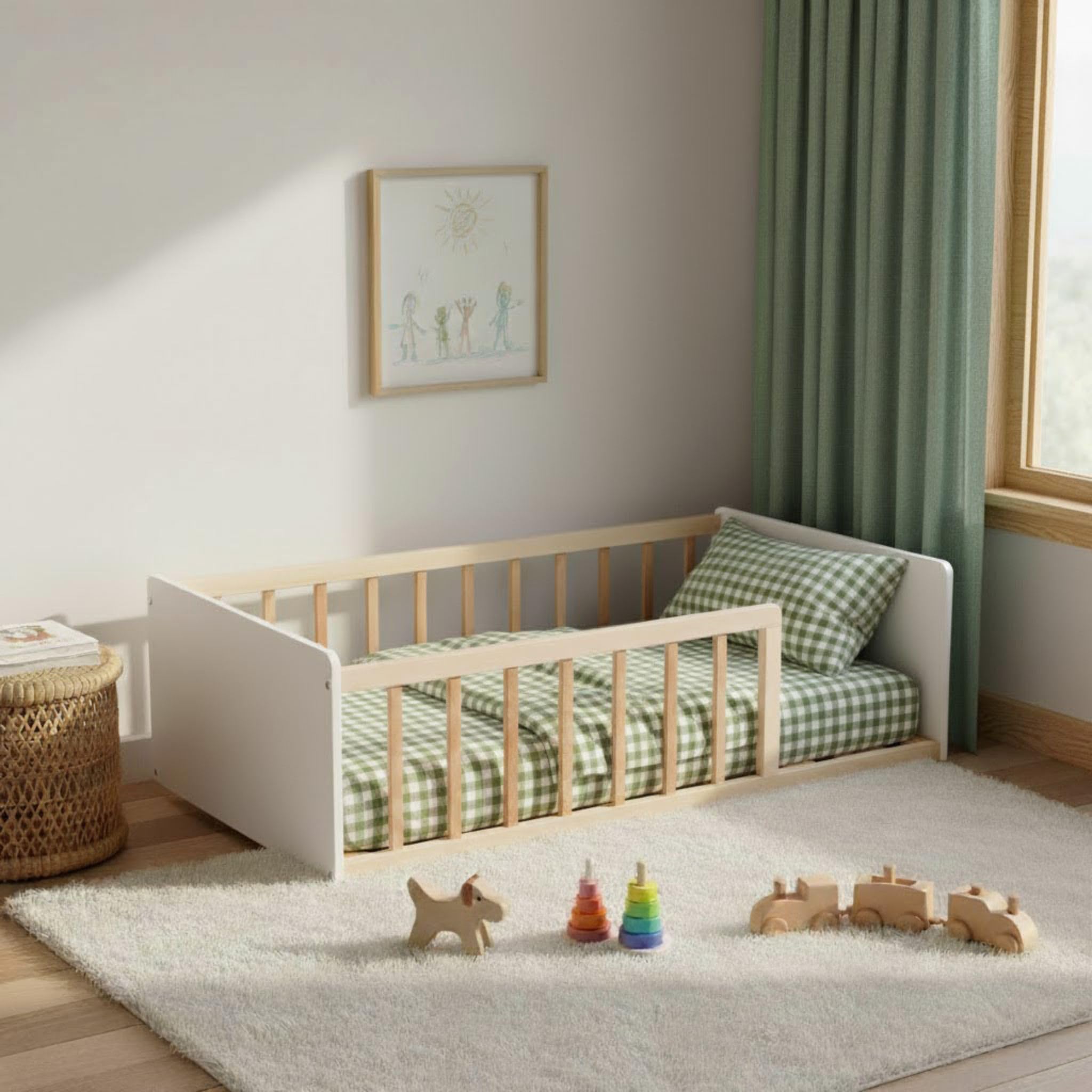 Terre de Nuit Lit Enfant Inspiration Montessori au Sol à barreaux Naturel et Blanc 70x140