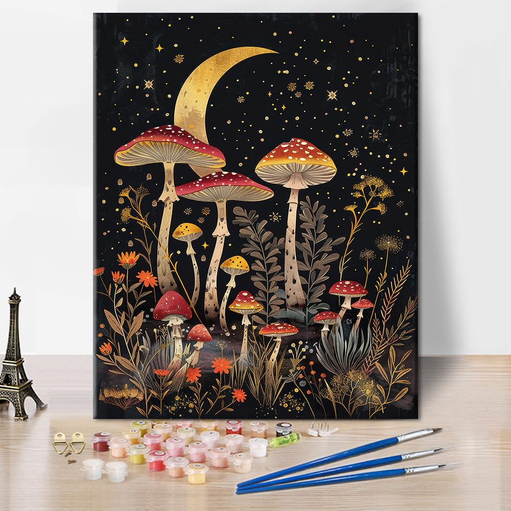 Rebotipy Mushrooms Paint by Numbers Moon Adults' Paint-by-Number Kits Moon and Plants DIY Paint by Numbers for Adults Home Wall Decoration Flameless