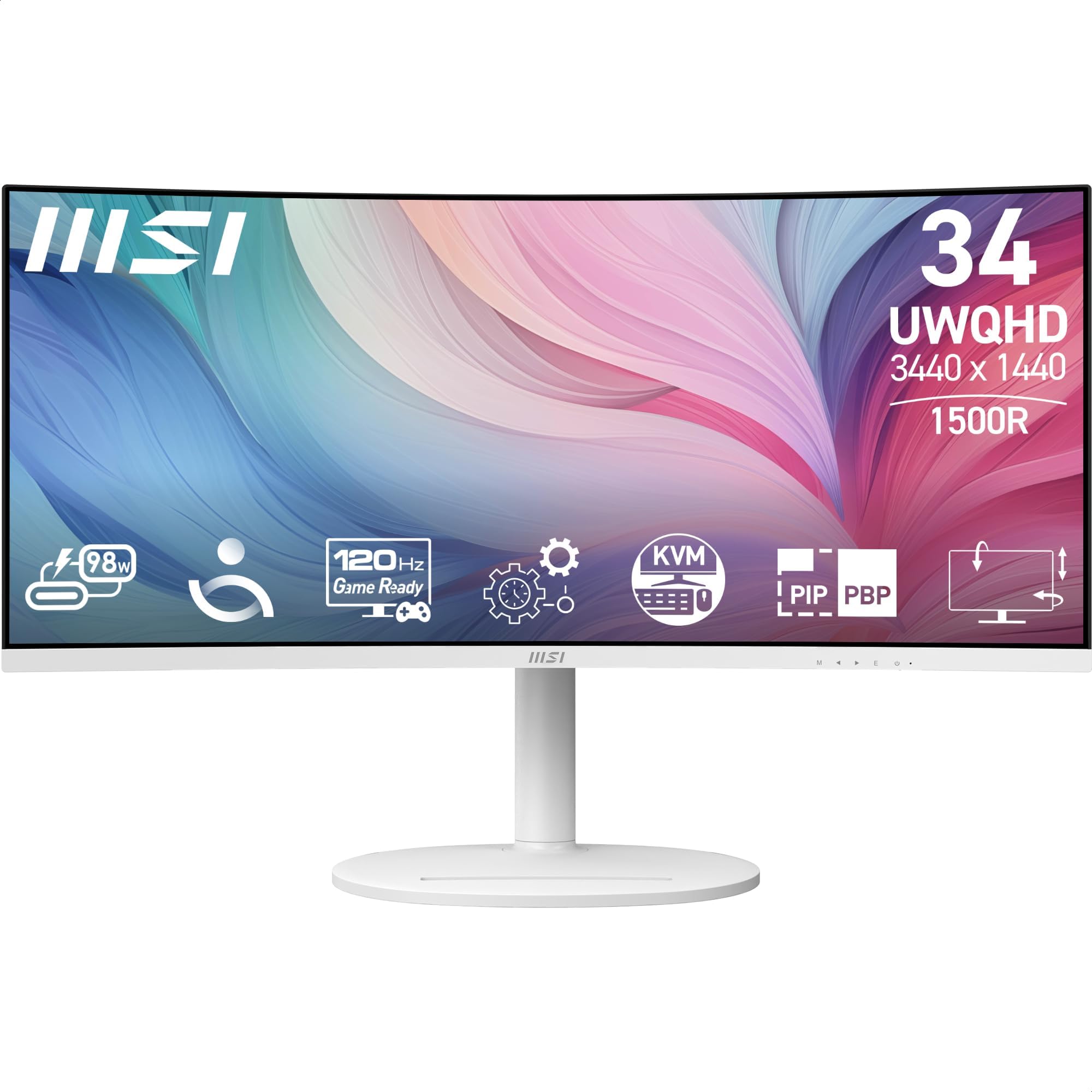 MSI Modern MD342CQPW 34in VA 3440 x 1440(UWQHD) Computer Monitor, 120Hz, 1800 Curved, Adaptive-Sync, HDMI, DP, USBC 98W Power Delivery, KVM, Height Adjustable, VESA, Speaker, 1ms, White