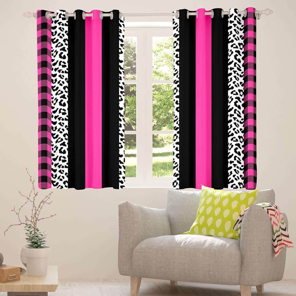 Manfei Leopard & Heart Print Window Curtains - 2 Panel Set, Grommet Top, 52x90 Inches, Black White Pink For Kids Room
