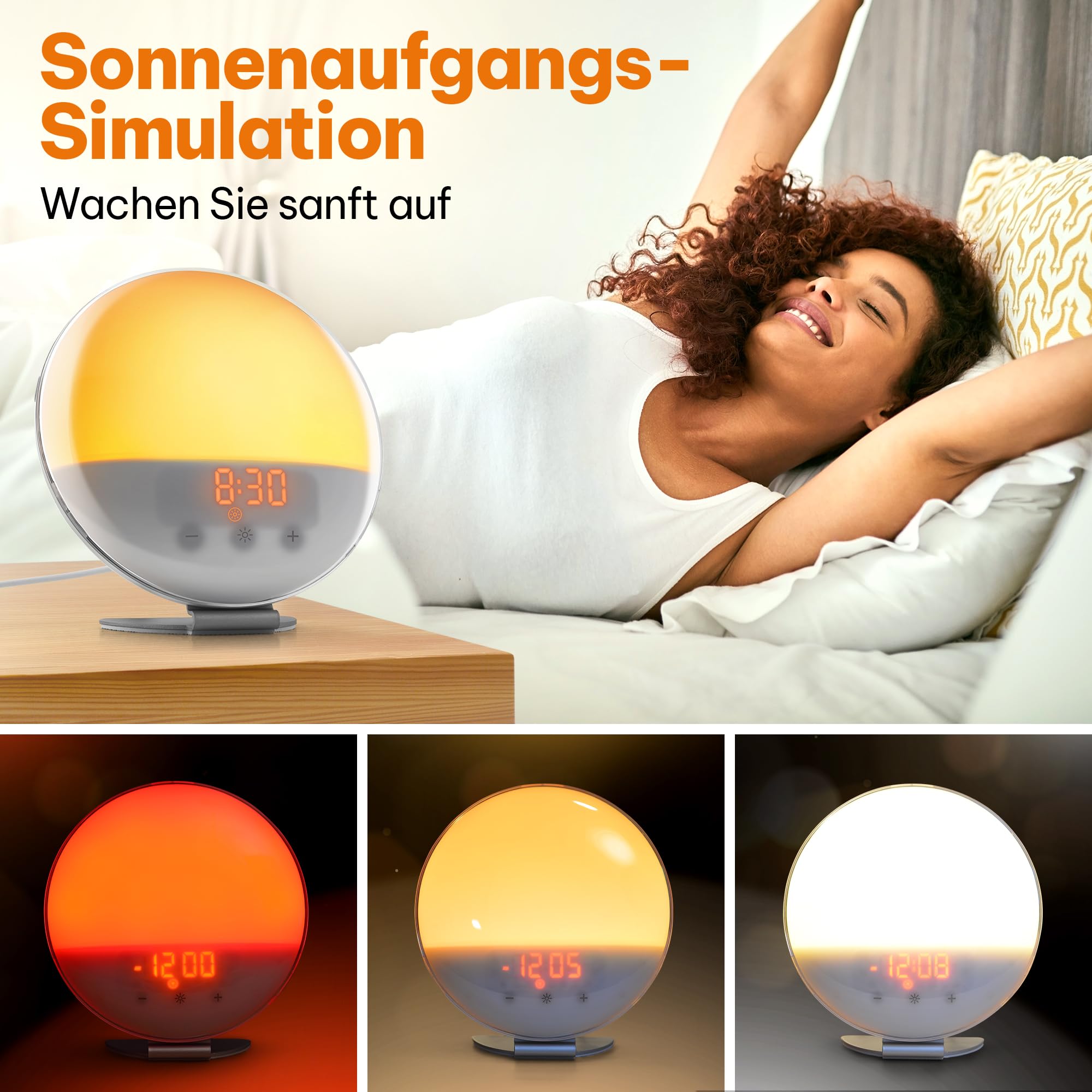 Lichtwecker – Tageslichtwecker für ein Erwachen im Licht – Lichtvolles Erwachen mit einem Schwarze-Nacht-und Weiße-Geräusche-Modus – Sonnenlichtsimulation, Dämmerungssimulator