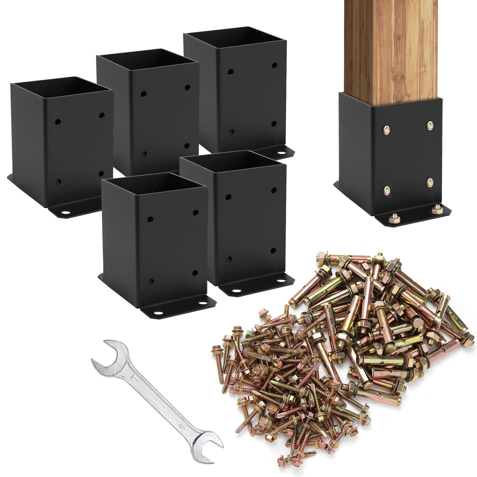 Colinktool 5-Pack 4×4 Post Base Brackets – Heavy-Duty Powder-Coated Steel, 3.5″ Inner Diameter, With Screws & Wrench For Decks & Porches