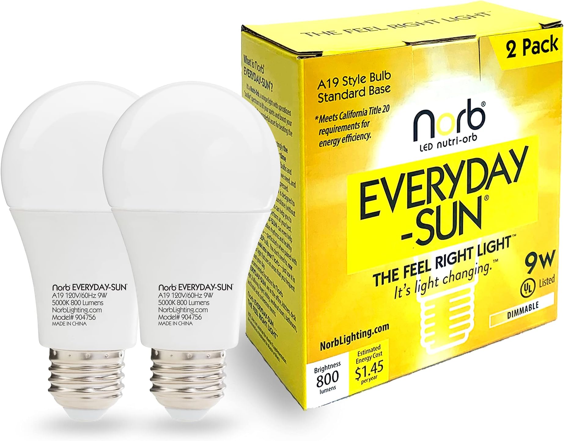Norb Everyday Sun Light Bulb - Full Spectrum Wellness Lighting, Sunlight-Mimicking Technology for Energy, Mood & Performance. Supports Sleep/Wake Cycles, 5000K, 9W, US Based, Budget-Priced (2-Pack)