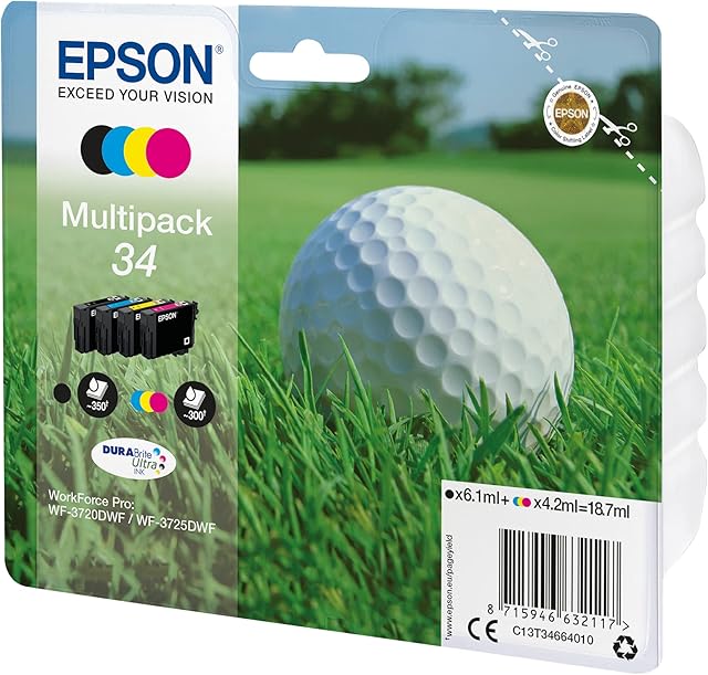 Epson 34 Golfball Genuine Multipack, 4-colours DURABrite Ultra Ink Cartridges,Black/Yellow/Magenta/Cyan