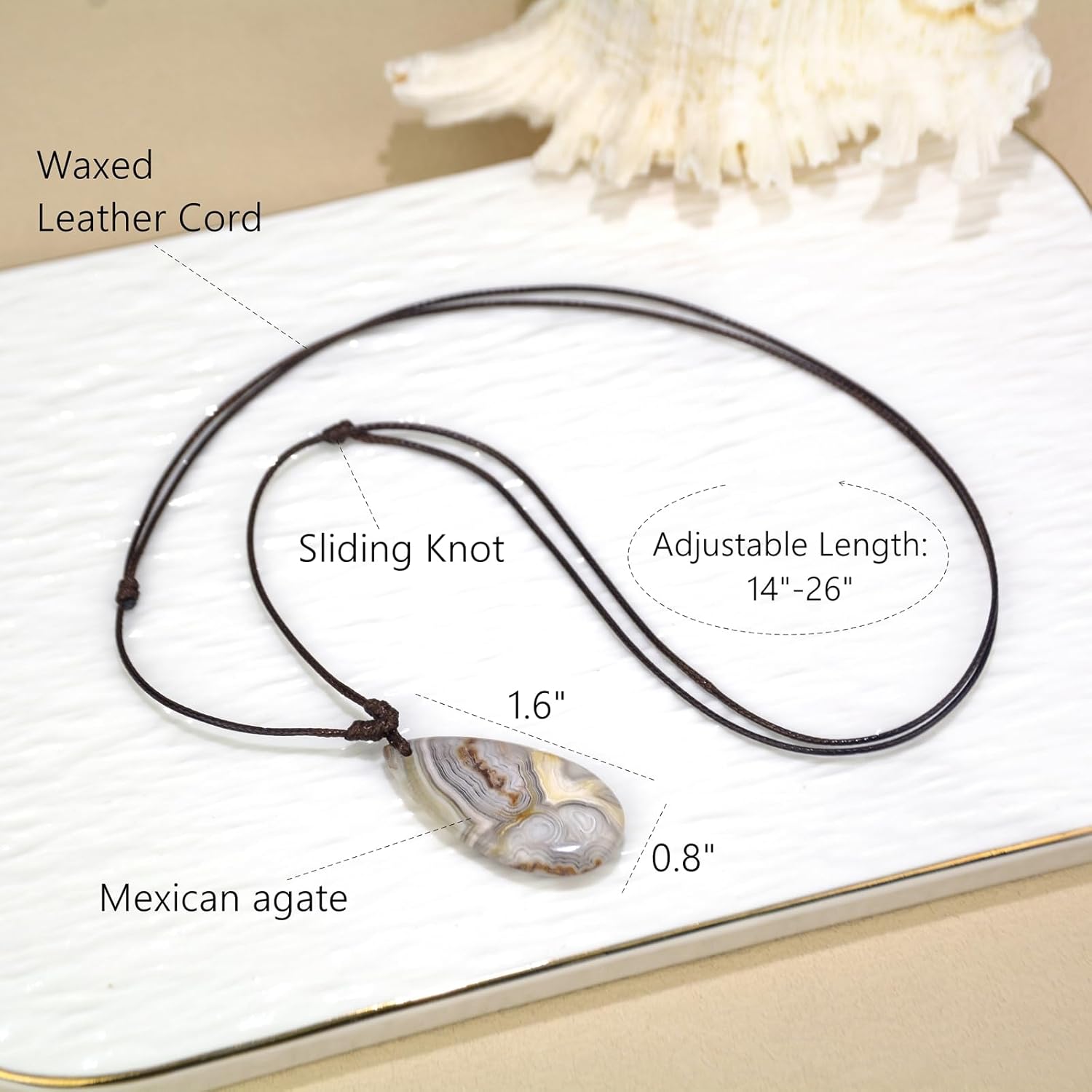 Mexican Agate Necklace, Natural Agat Teardrop Gemstone Pendant Necklace for Women, Adjustable Leather Cord Necklace 14-26 Inch - Image 6