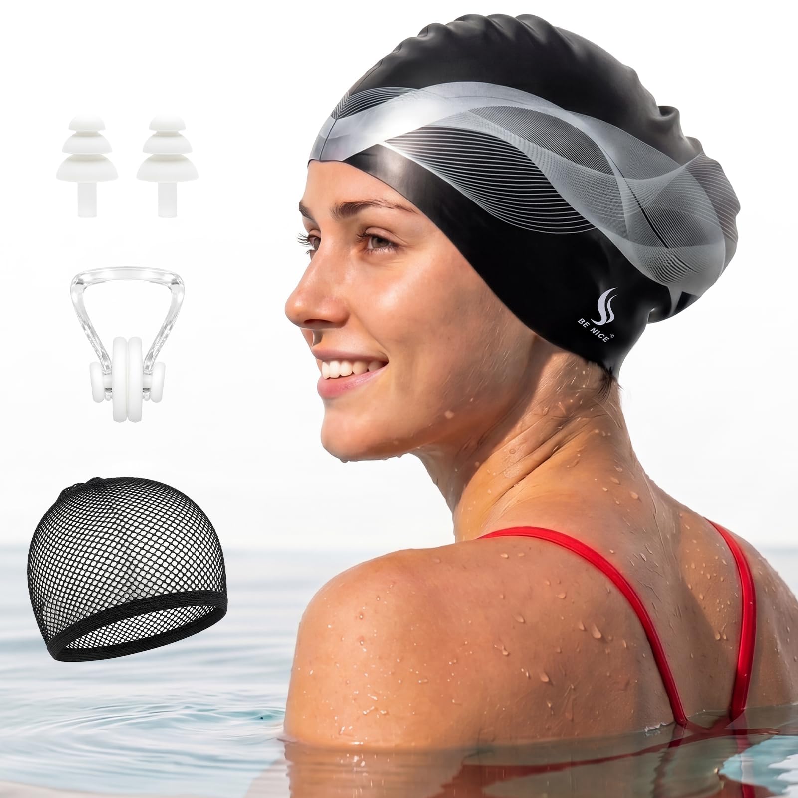 Silicone Swim Cap for Long Hair - X-Large Waterproof Swim Hat for Men Women Adults, Dreadlocks, Braids, Curls & Afros, Black