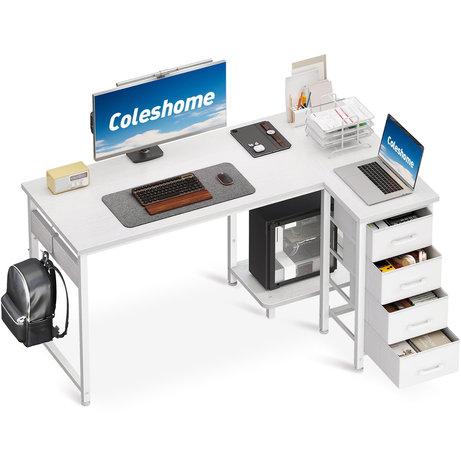 Coleshome Eckschreibtisch, 120x70cm Schreibtisch L Form mit 4 Schubladen, Umkehrbarer Computertisch for Büro Arbeitszimmer Schlafzimmer, Weiß