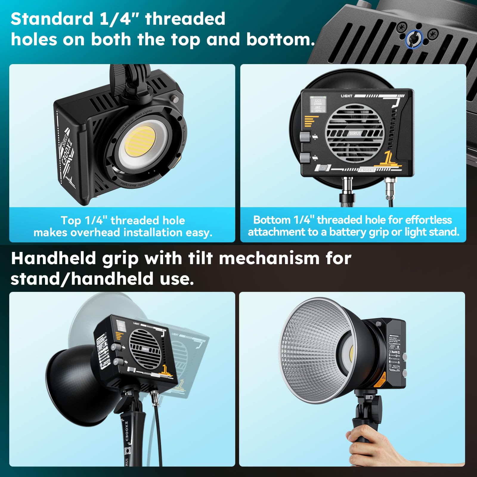 SIRUI C300X II 300 W LED światło video przenośne oświetlenie, 966 g, bardzo lekkie, żywotność 20 000 h, wysokiej jakości lampa wideo z CRI/TLCI > 95, 3 opcje zasilania, sterowanie za pomocą aplikacji