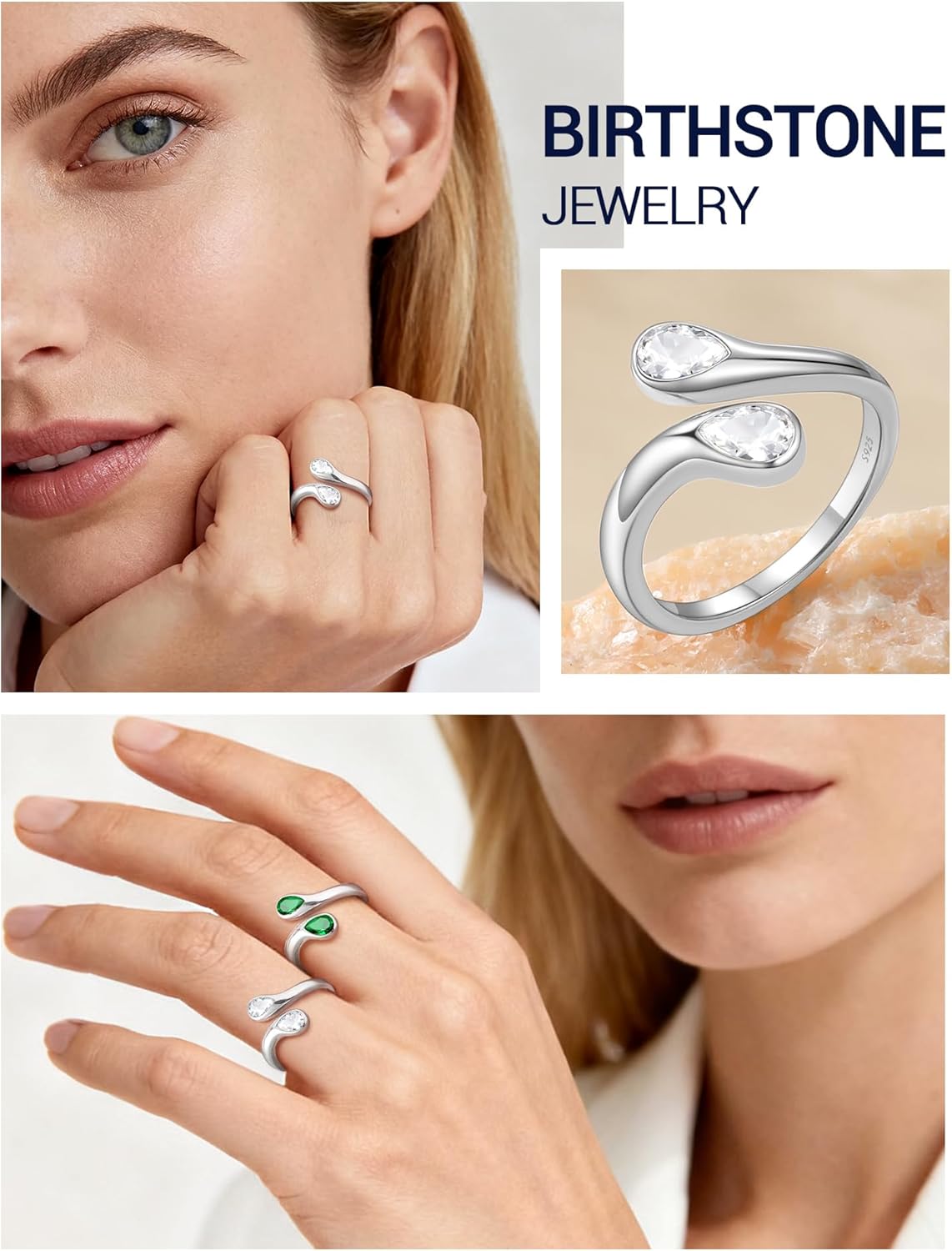 PROSILVER S925 Sterling Silver Rings for Women Dainty Birthstone Statement Ring, Dual Pear-Cut Gemstones, Open Band Rings, Jan - Dec Available - Image 3