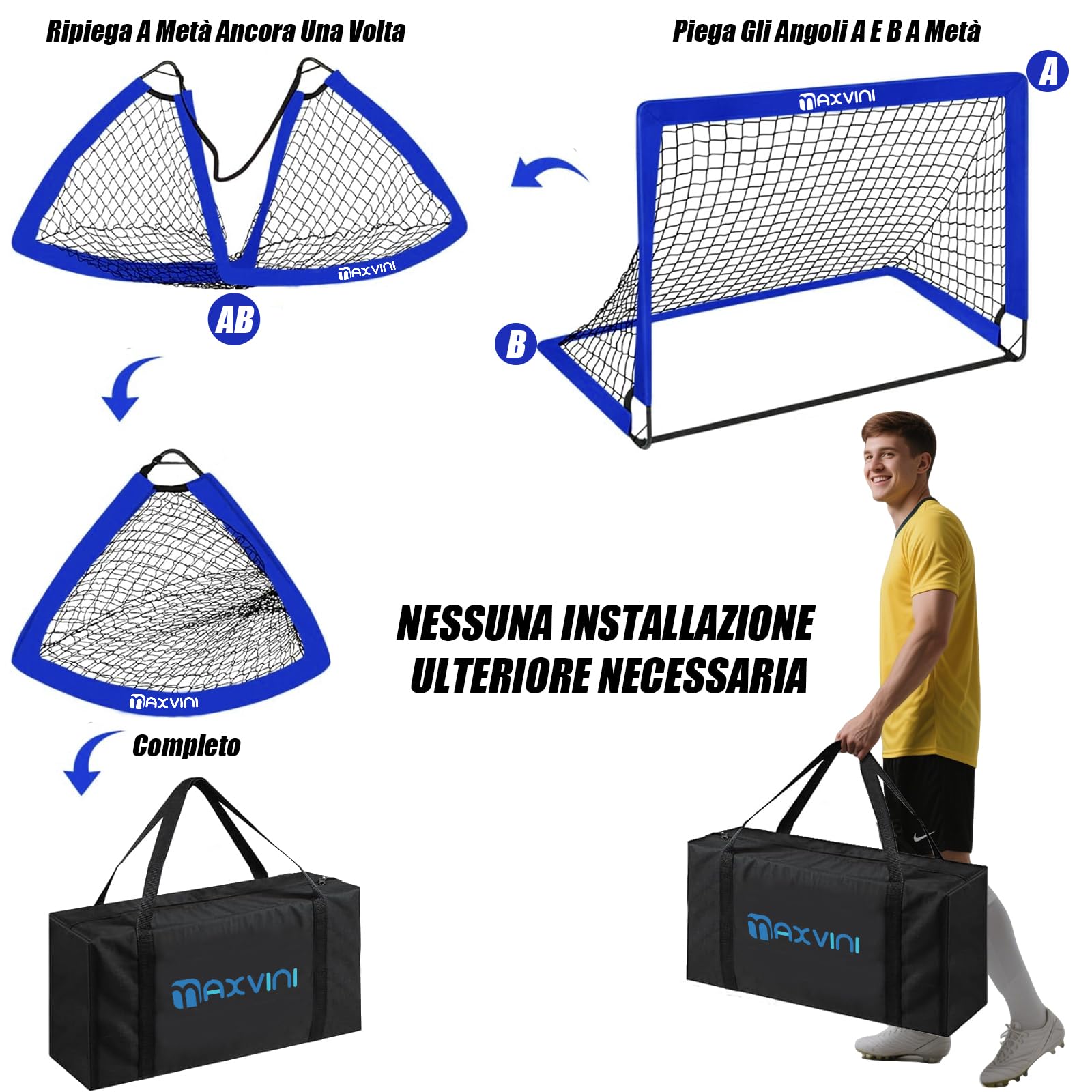 Cancello da calcio per giardino e bambini, 182 x 120 x 120 cm, con aste in fibra di vetro, per interni ed esterni, set pieghevole pop-up con 6 cappelli, calcio, scala da allenamento, pompa per