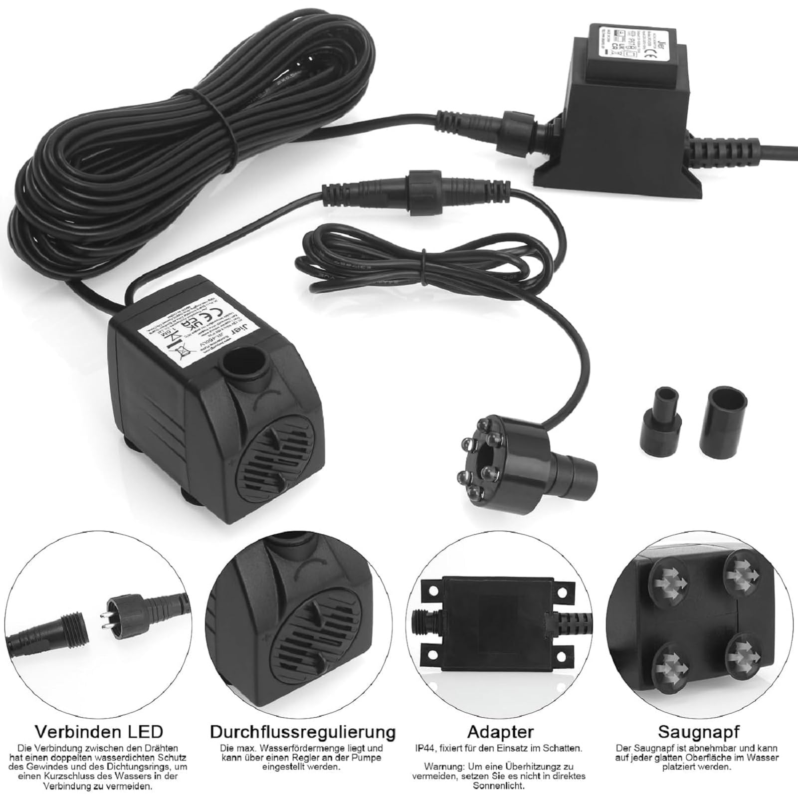 Bomba de Agua Sumergible, Bomba de Fuente 12V AC 600L/H con Cable 10m y Led Luminoso para Acuario, Cuenca, Brunnen, Estanque, Fuente, Jardín