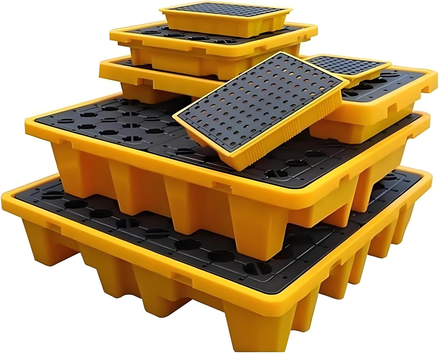 Heavy-Duty Spill Pallet, Stackable Leakproof Tray with Drain Outlet & Forklift Pockets, Industrial Spill Containment for Oil & Chemicals, Polyethylene, 67cm x 67cm x 15cm