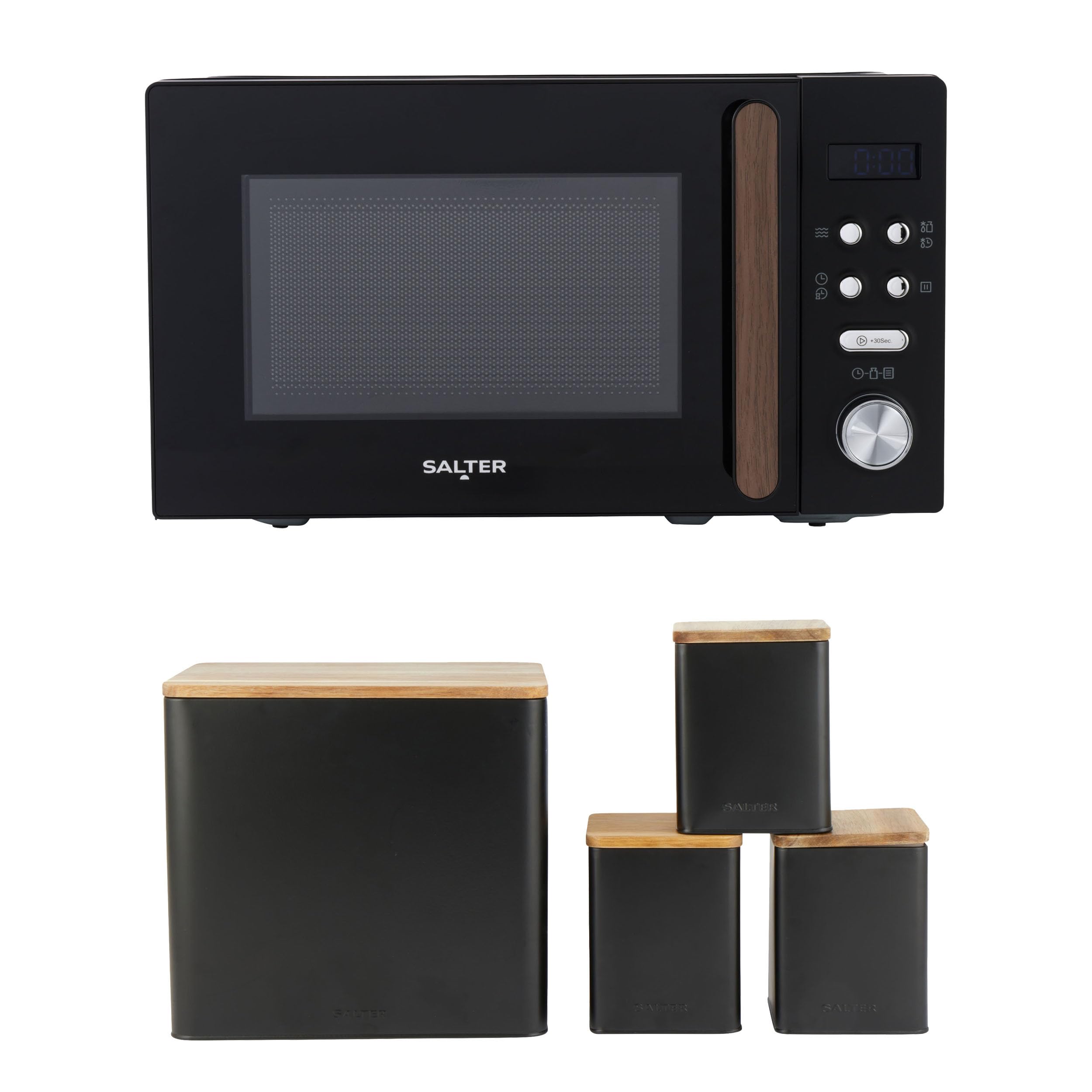Salter COMBO-9197 Toronto Digital Microwave & Storage Canister Set – 20 L Capacity, 95-Minute Timer, Defrost, 25.5cm Glass Turntable, Bread Bin, Tea, Coffee, Sugar Jars, Acacia Wood, Black
