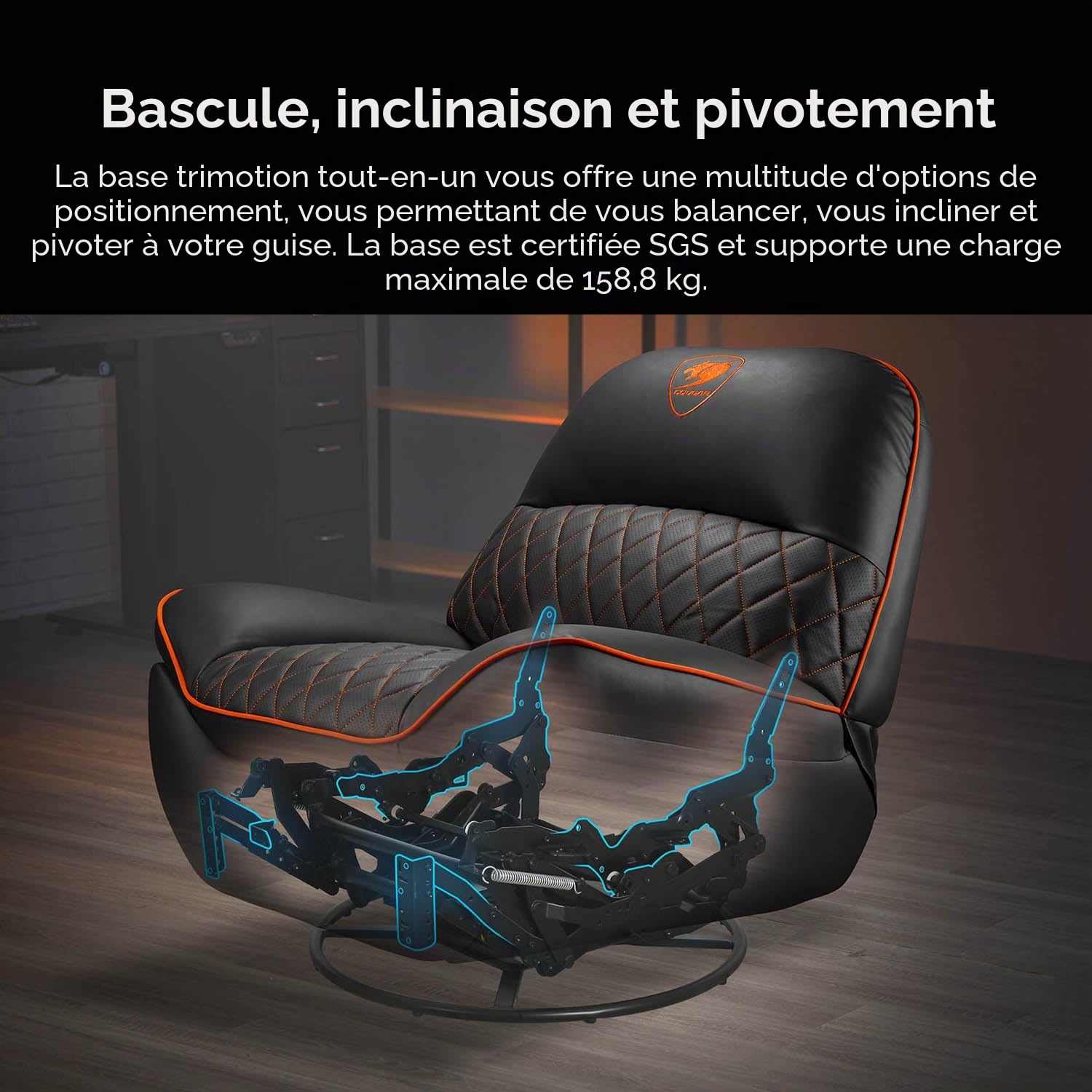 Chaise de jeu Cougar Overlord, taille agrandie, soutien spécifique au corps, rembourrage spécial, style Rock, inclinable et pivotante, inclinaison réglable