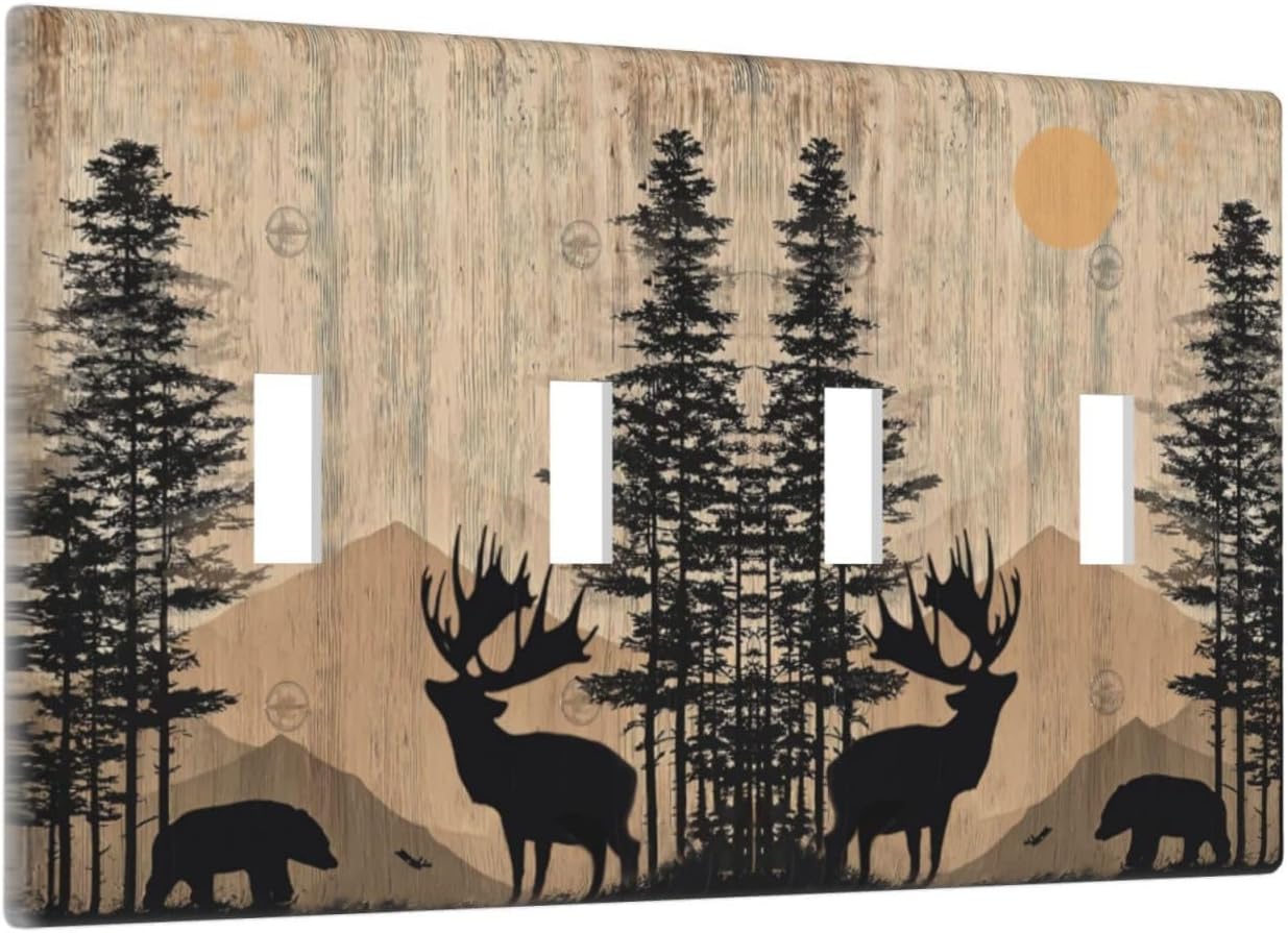 Decorative Light Switch Cover Plate Retro Moose Bear Tree Moutain Wood Plank 4 Gang Wall Plates for Electrical Quad Toggle Switch Plate Covers Outlet Covers Faceplate for Farmhouse Decor
