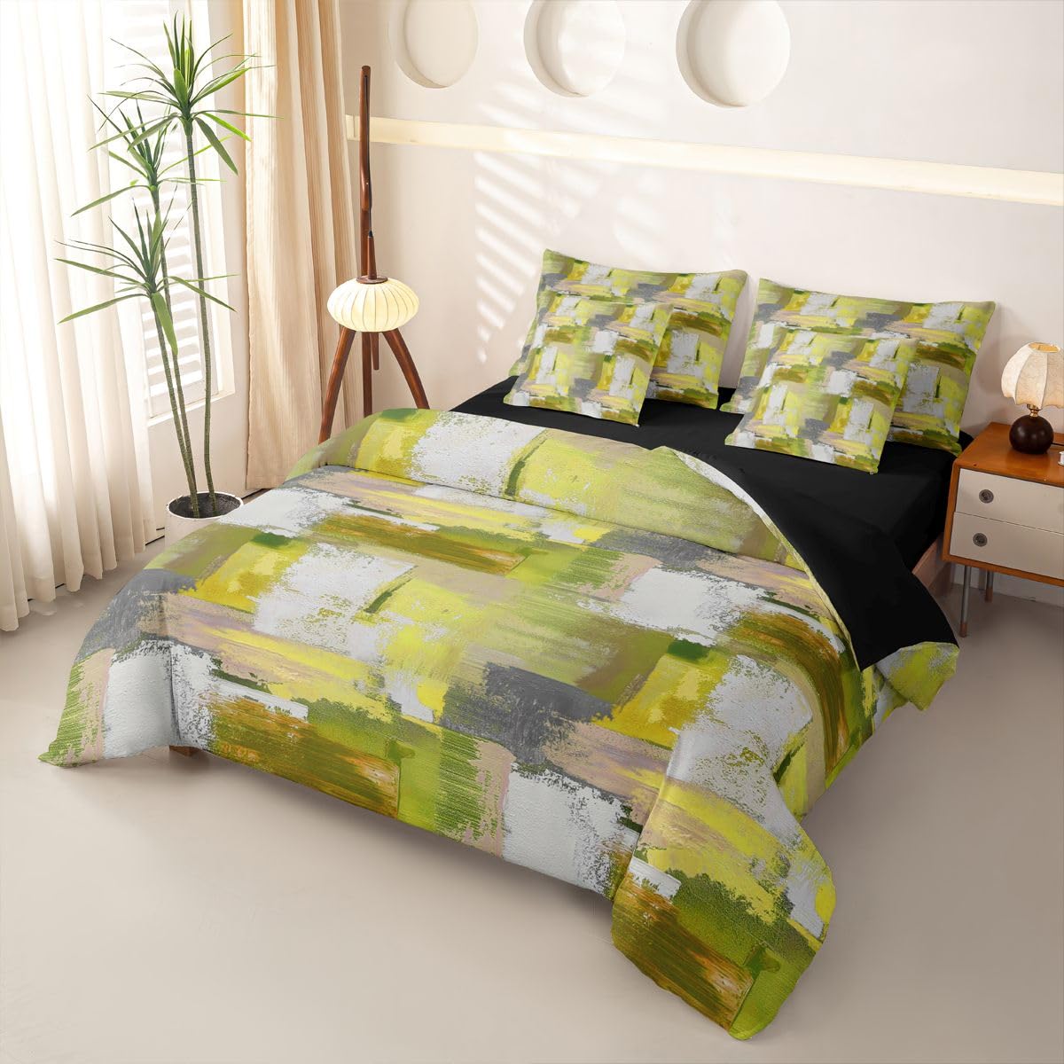 Loussiesd Set di biancheria da letto con copripiumino singolo astratto con lenzuola, per bambini, ragazzi e ragazze, motivo geometrico, giallo, verde, ombré, 7 pezzi, moderno, sfumato, decorazione per
