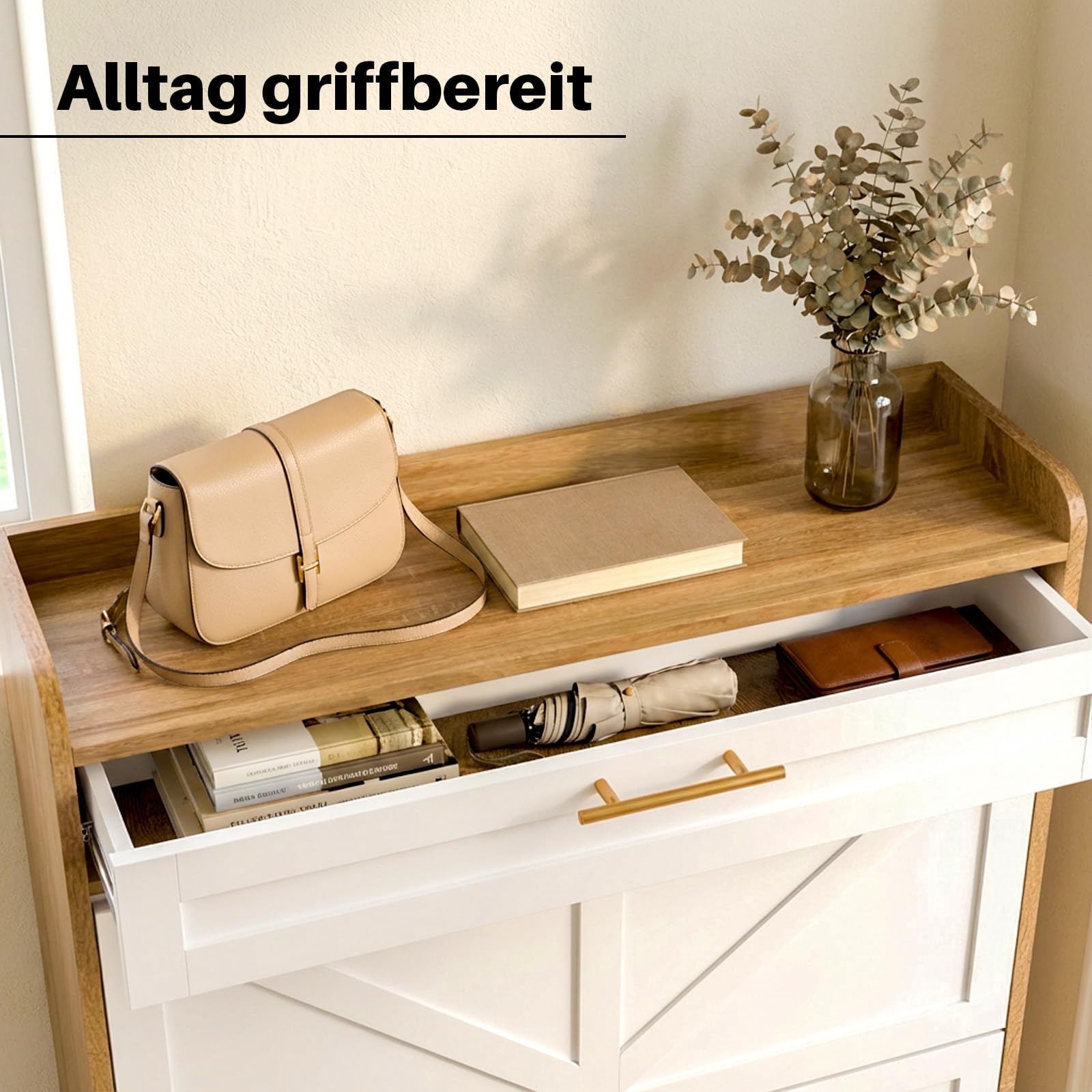 Schuhschrank im Landhausstil, Schuhkipper mit 2 Klappen und Schublade, Schuhaufbewahrung mit Holzplatte und verstellbaren Trennwänden, Flurschrank für 8-12 Paar Schuhe (Eiche)
