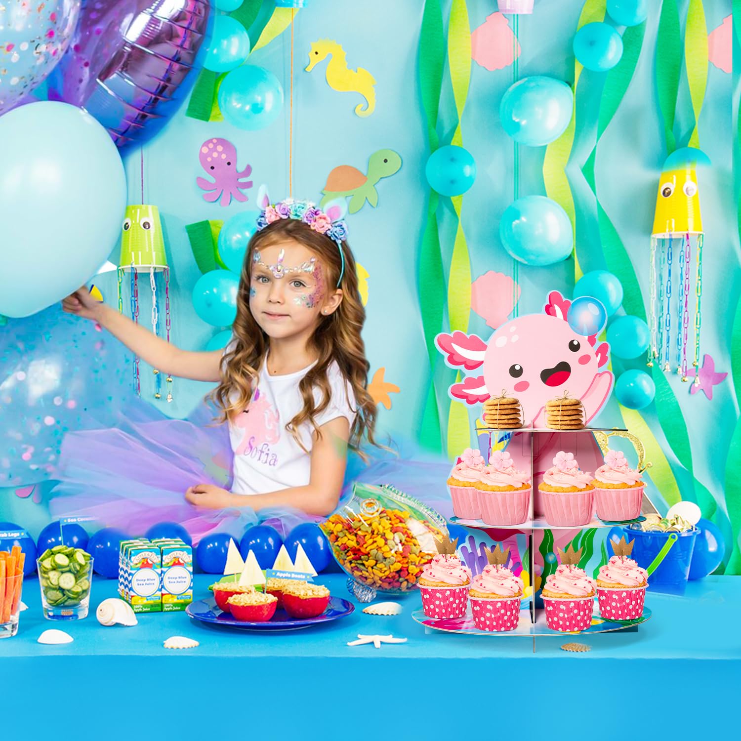 ANGOLIO 3 Tiers Axolotl Cupcake Stand Pink Cute Axolotl Birthday Party Cardboard Cupcake Holder Decorations Cartoon Animal Party Dessert Tower Pink Birthday Supplies for Kids