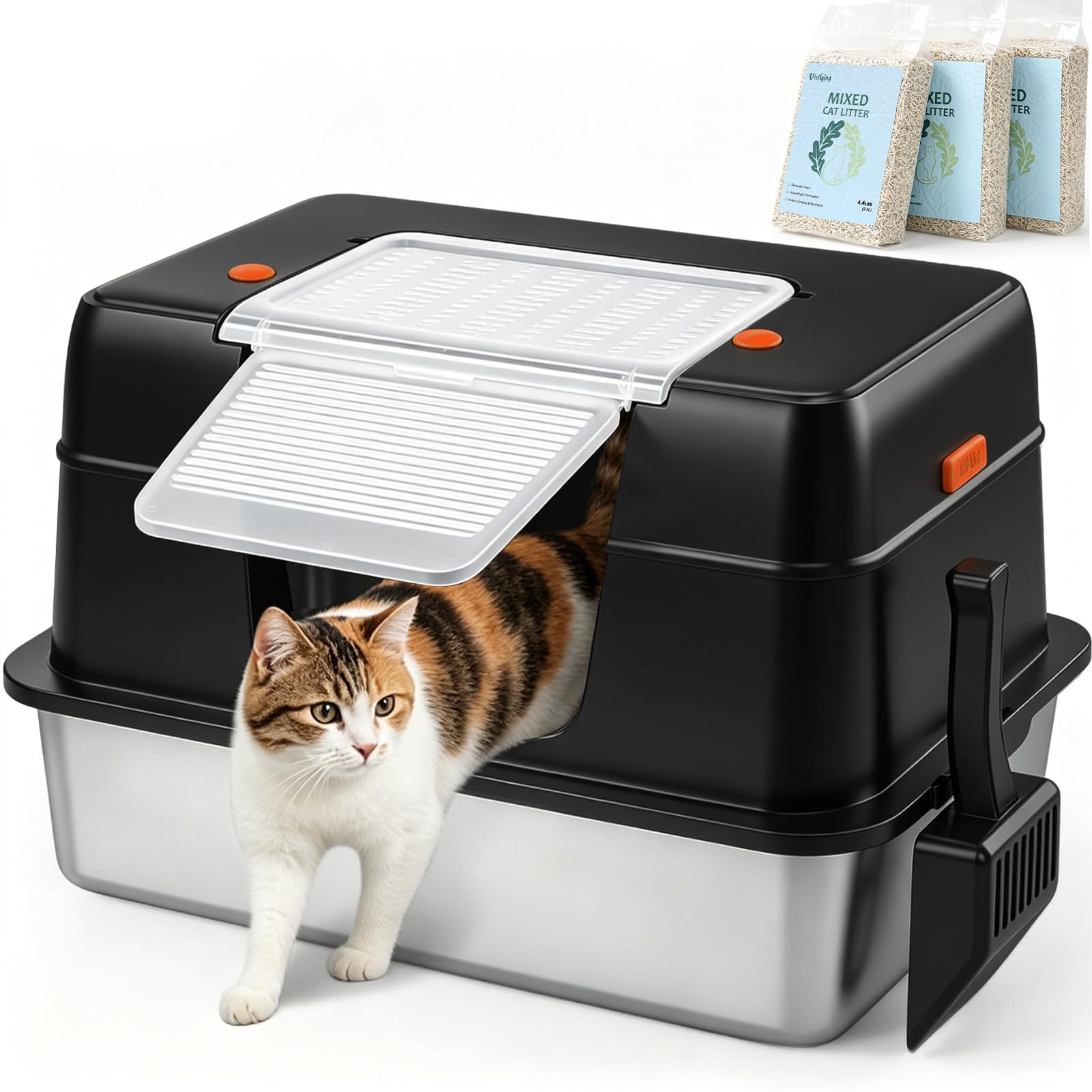 Vivifying XXL Stainless Steel Cat Litter Tray with 6.9L Cat Litter, Black