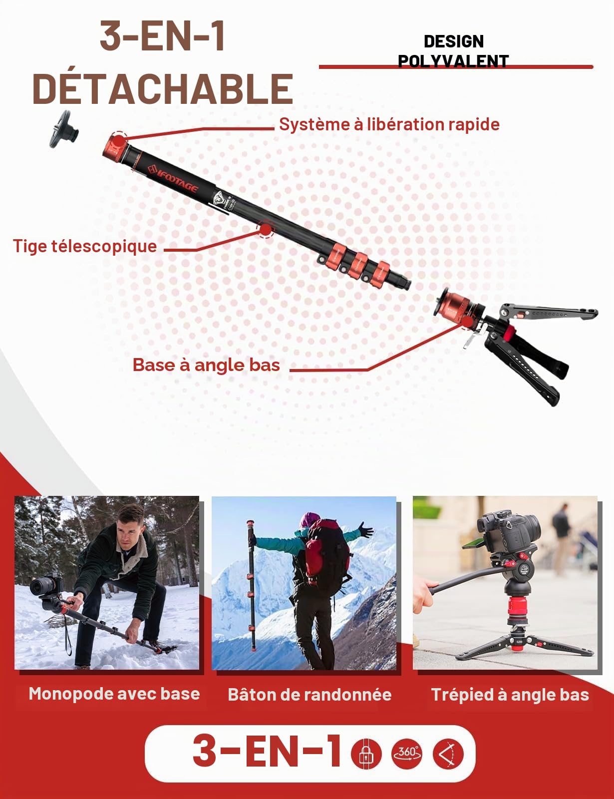 IFOOTAGE Monopode avec pied Cobra 3 C180F-P, Monopode pour appareil photo 181cm/71", Fibre de carbone, Charge maximale 8 kg/17,64 lbs