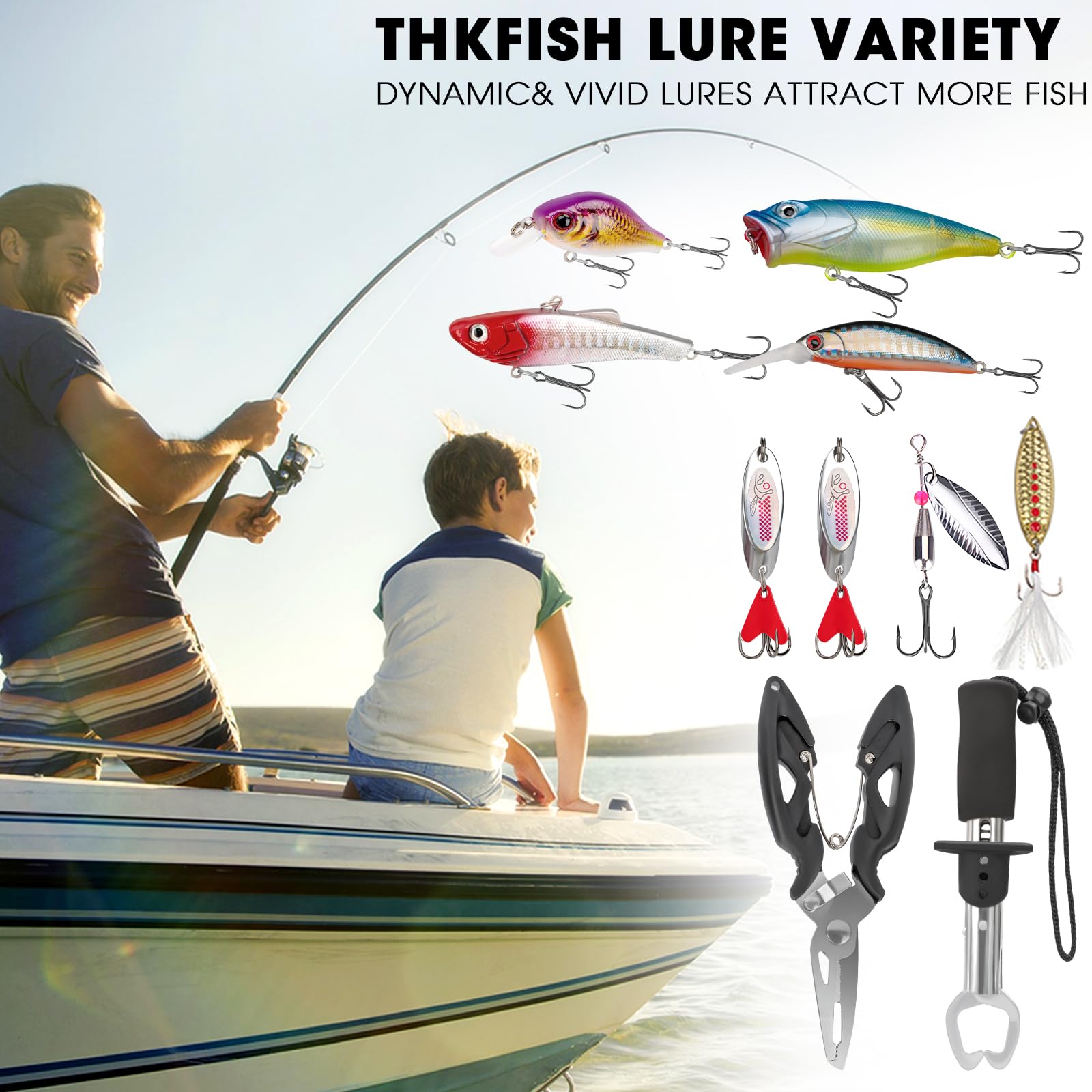 THKFISH Scatola per attrezzatura a 3 strati con attrezzatura inclusa, 413 pezzi per esche da pesca, accessori e strumenti. Il kit contiene crankbait, ami, piombini pesi, pinze da pesca per basso
