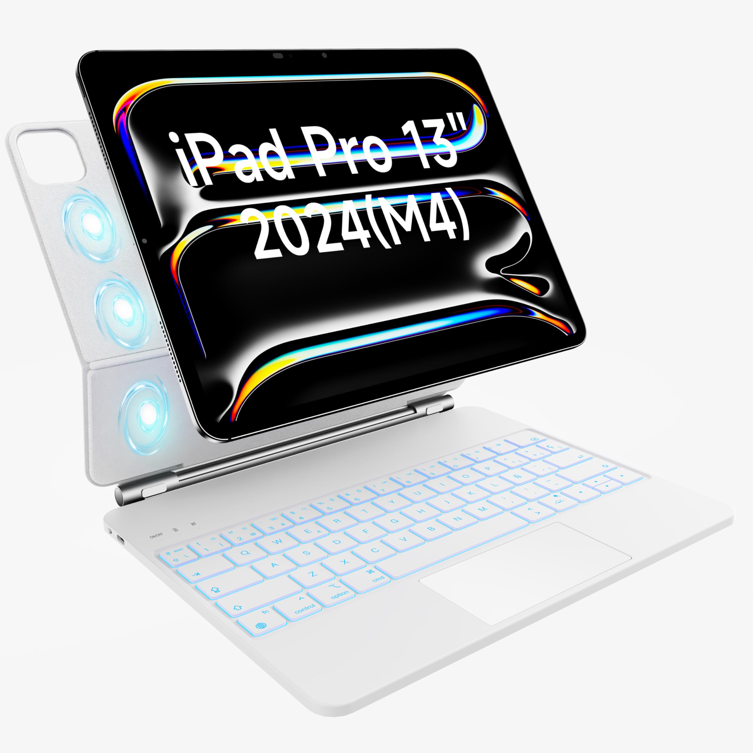 HOU Magic Keyboard for iPad Pro 13 (M4) Case with Keyboard, QWERTY, Trackpad Click Anywhere, 7 Colors, 3 Backlight Levels, Magnetic Design, White
