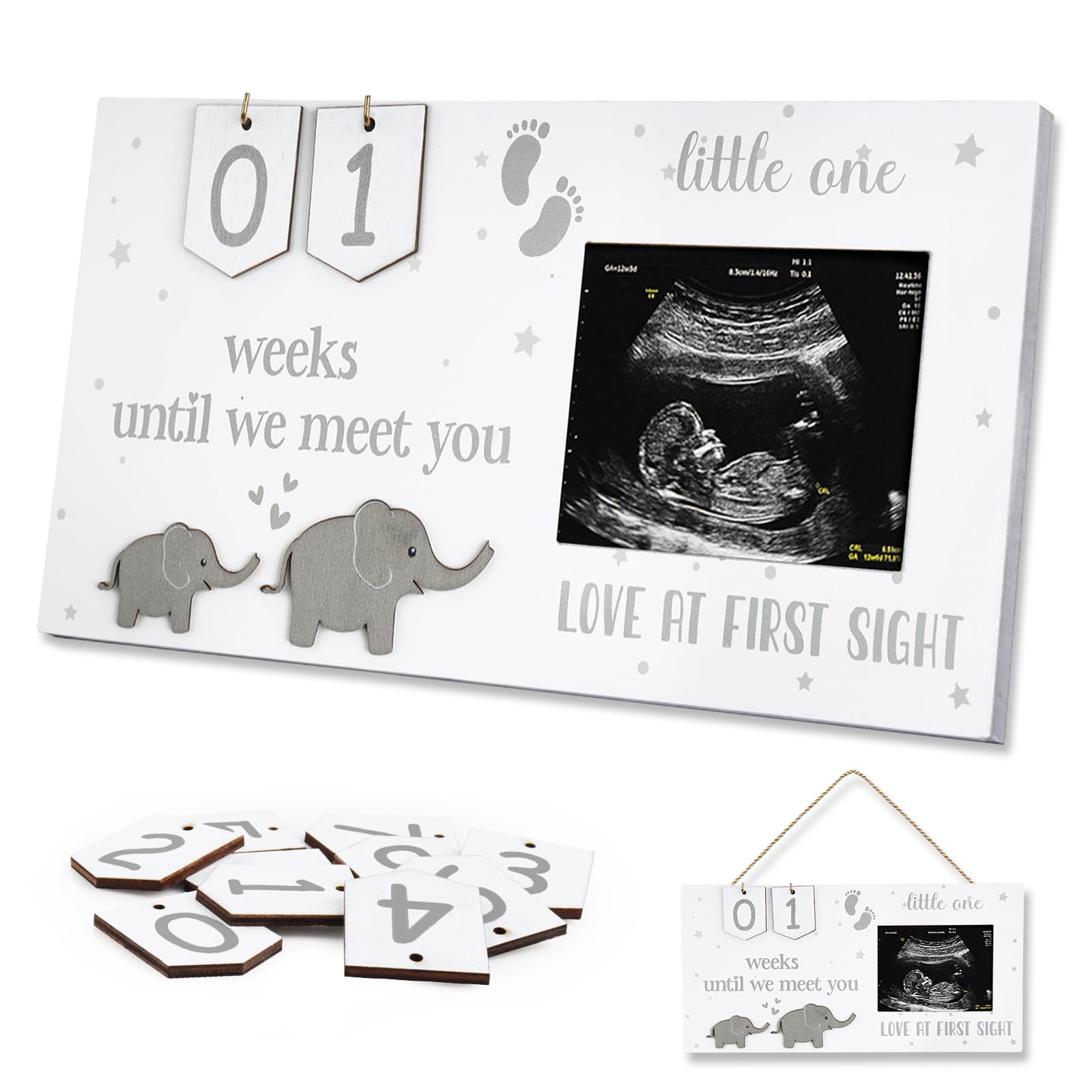 Glodecart Baby Sonogram Picture Frame for Gender Reveal Decorations, Baby Countdown Sonogram Frame for Expecting Mother's Day Pregnancy Gifts, Elephant Love At First Sight Frame Ultrasound