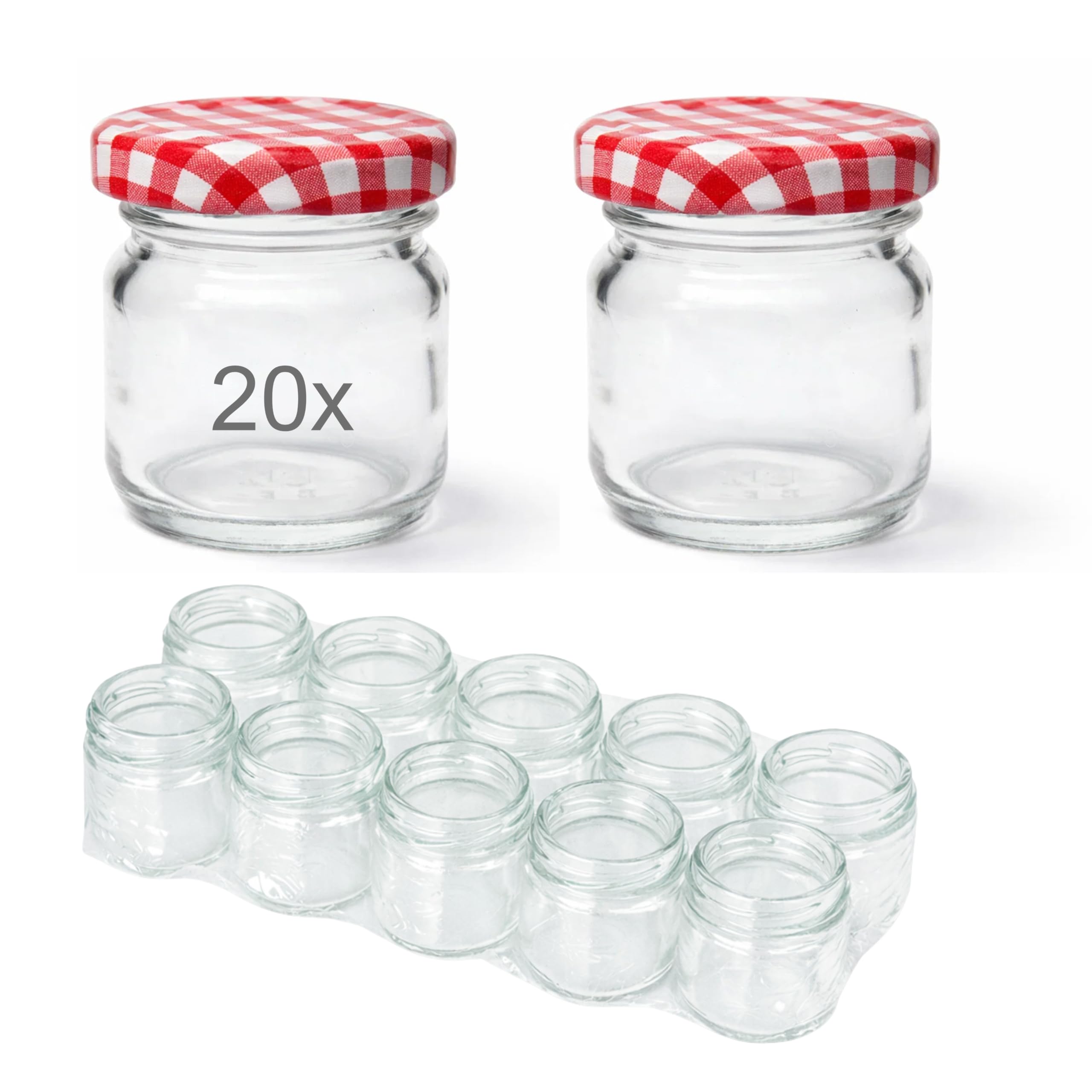 Mini bocaux 40 ml avec couvercle rouge blanc et étiquettes pour épices et confitures (Lot de 20)