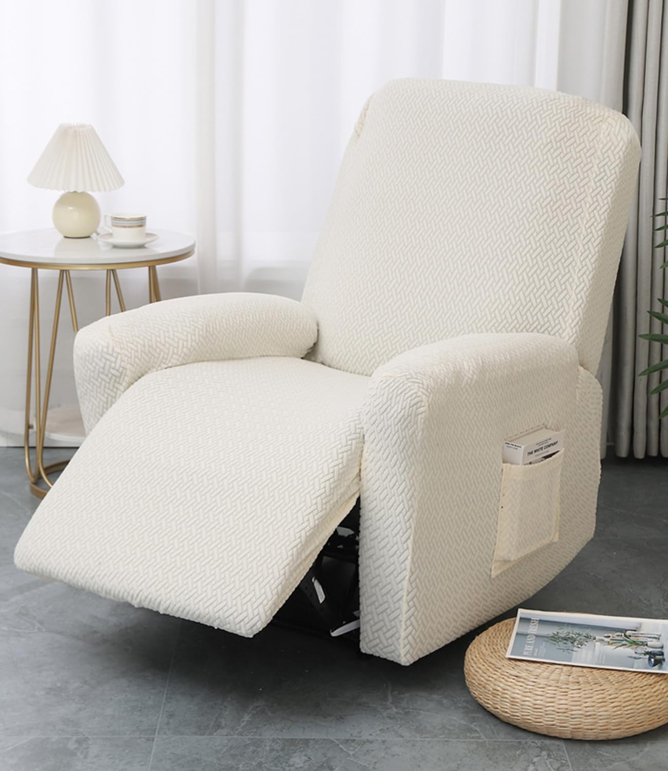 Funda Sillon Relax Reclinable, Jacquard Beige Funda Sillon Relax 1 Plaza, Elástica 4 Piezas Funda para Sofá Reclinable con Bolsillos Laterales Extraíble