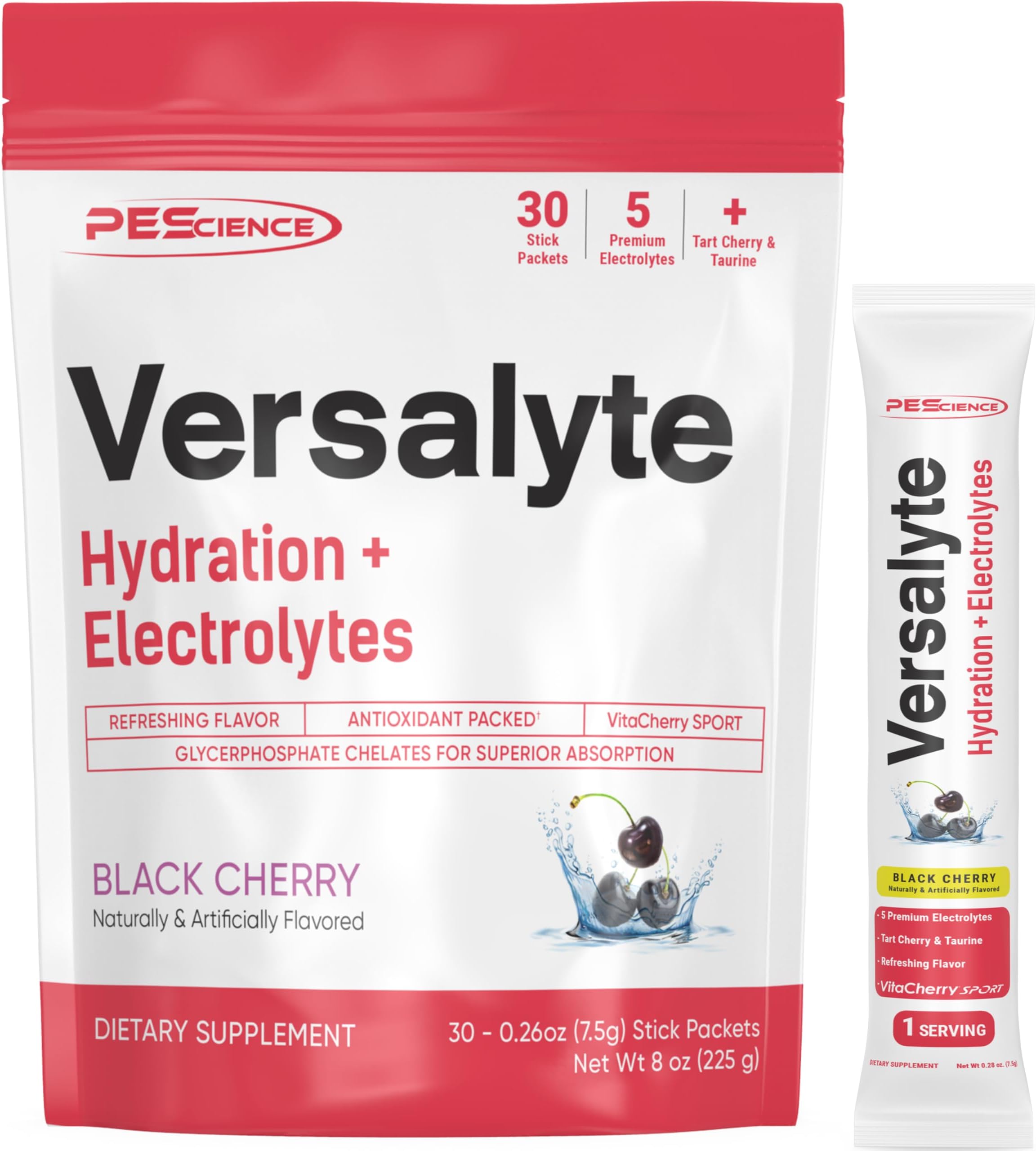 Versalyte Electrolyte Hydration Packets, Sugar Free Electrolyte Powder with Magnesium, Taurine, Antioxidants, Trace Minerals, Low Sodium - Black Cherry, 30 Servings