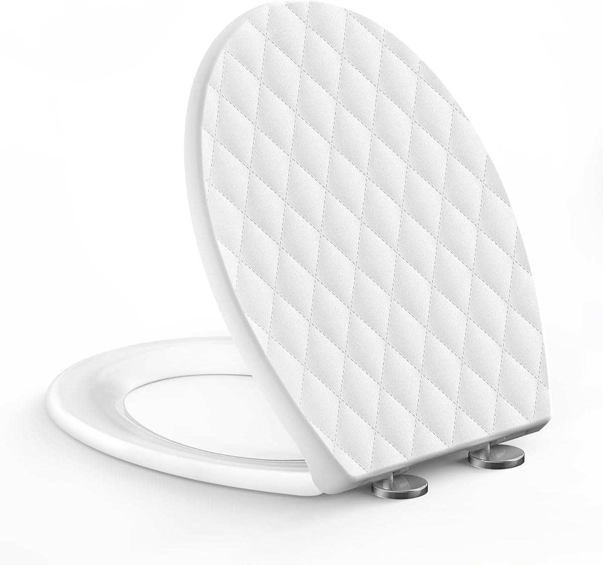 Toilettendeckel mit Absenkautomatik Oval Weiß, WC Sitz mit Rauten, Klobrille mit Schnellverschluss, Klodeckel Befestigung von oben, Toilettensitz Softclose, 44,6 x 37,1 CM