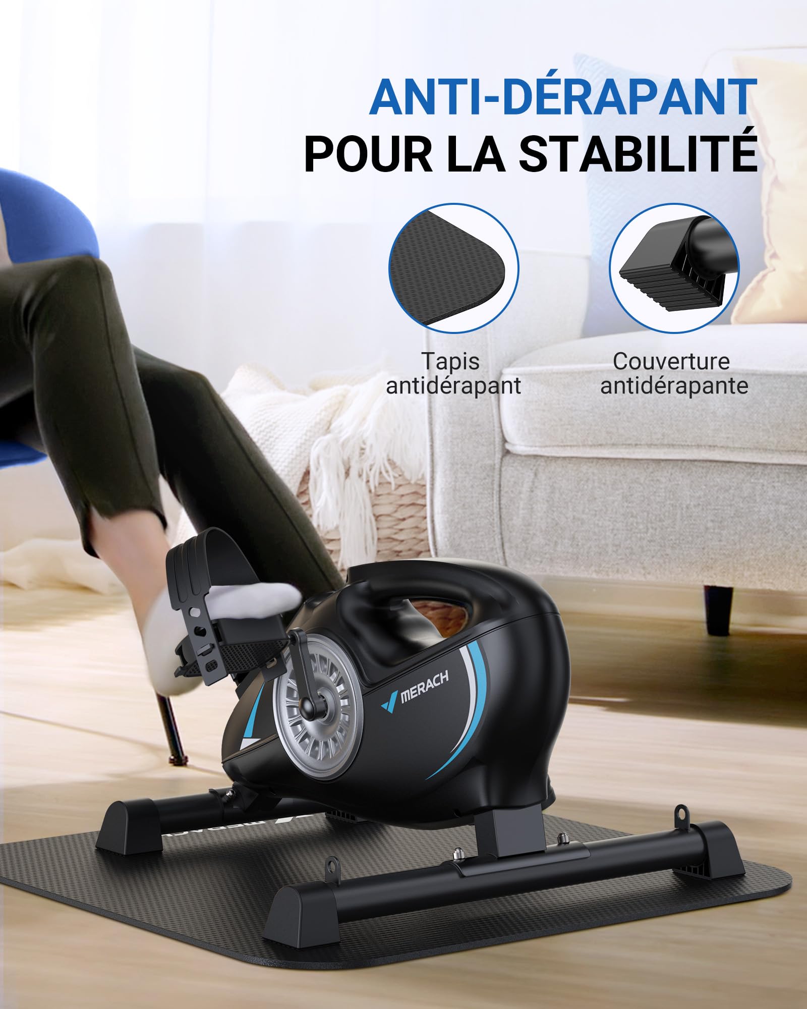 MERACH Pedalier d'Appartement, Mini Velo Bureau avec 2 Bandes de Résistance et Tapis Antidérapant