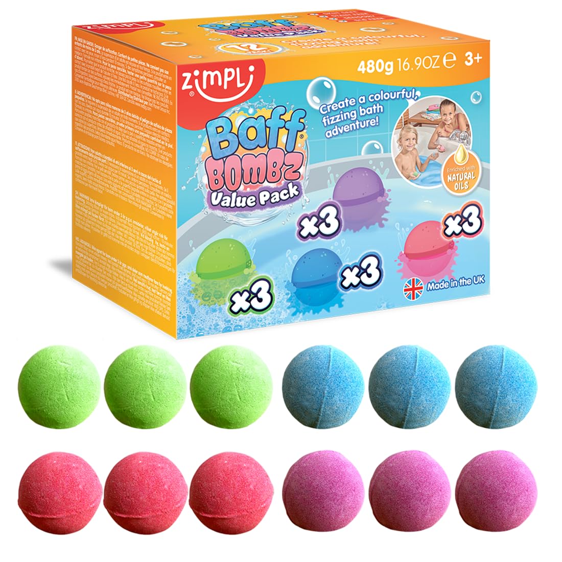 12 x Bath Bombs from Zimpli Kids, Children's Baff Fizzers, Gentle and Skin Safe, Certified Biodegradable Gift Set