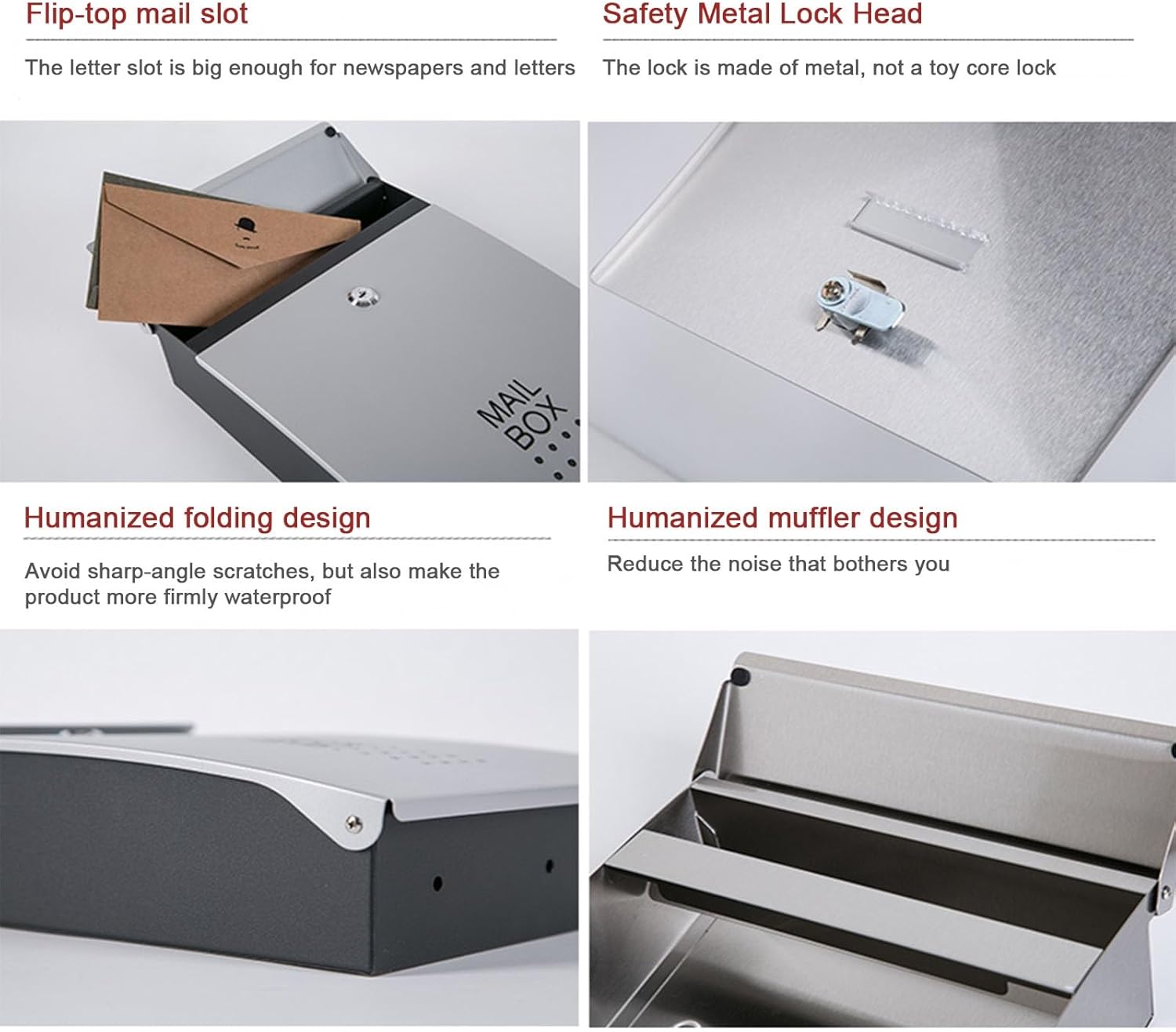 Locking Mailbox with Keys, Wall Mount Mailboxes for Outside, Maximum Rust Protection, Rainproof Mail Box, Outdoor Galvanized Metal Key Large Capacity(10 x 3.3 x 14.8 inches) (Color : Silver(304 Stain