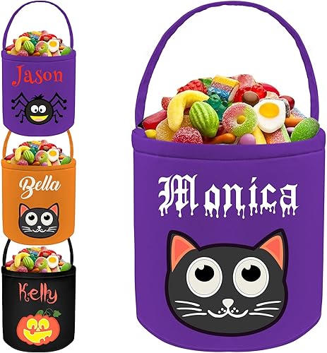Miniatura 1 de Cesta personalizada de Halloween, bolsa de cubo personalizada con nombre personalizado, cesta de lona de calabaza, regalos para niños y niñas