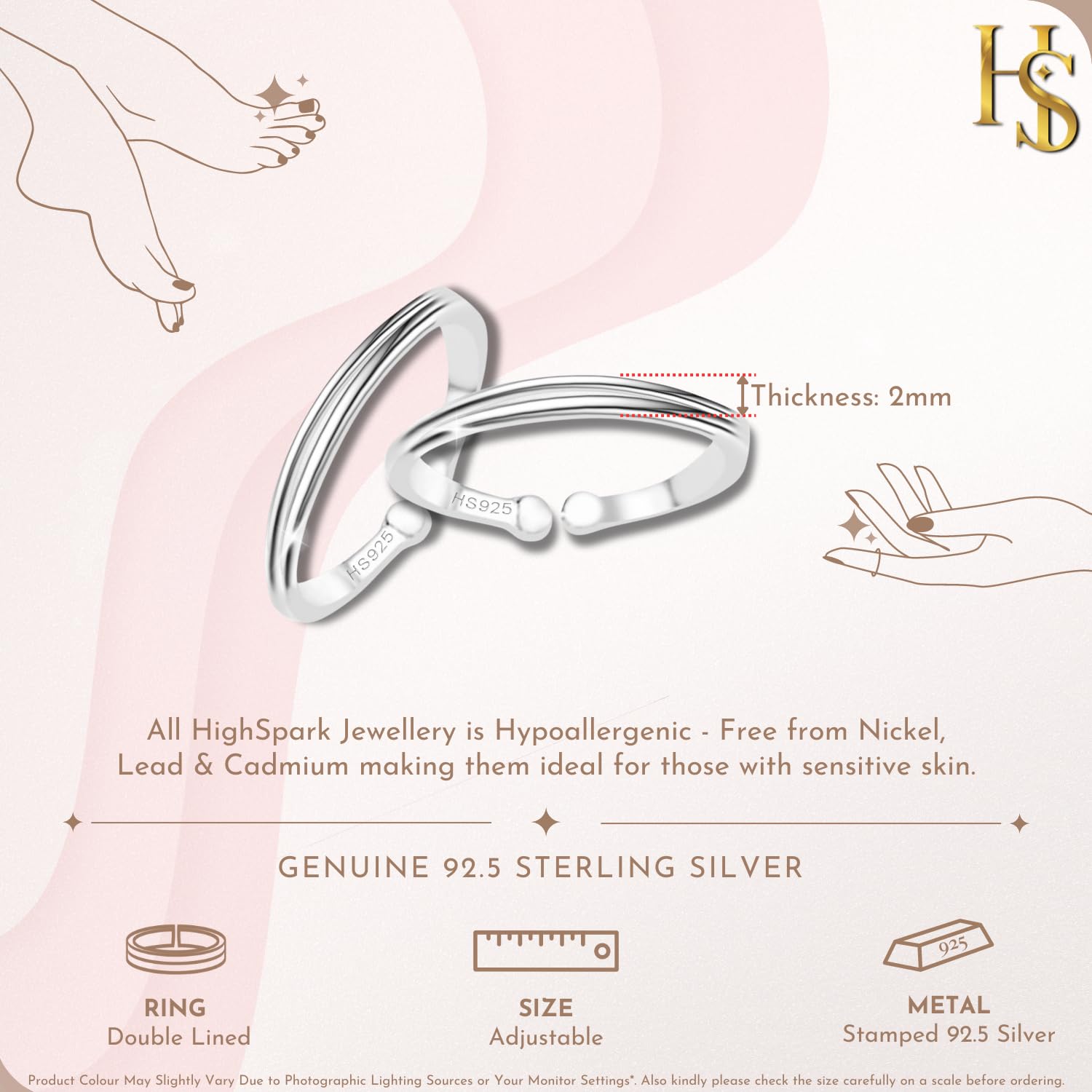 92.5 Sterling Toe Rings Adjustable Contemporary Style & Stunning Shine