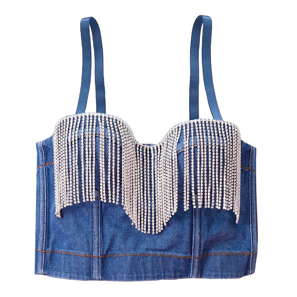 Corpetto Donna,Donna Denim Push Up Bustini Corsetto Glam Diamante Nappa Crop Top Estate Canotta Jean In Difficoltà Spaghatti Straps Bustier Corsetto Top Reggiseno Clubwear Party Corsetto Y2K, S 34B