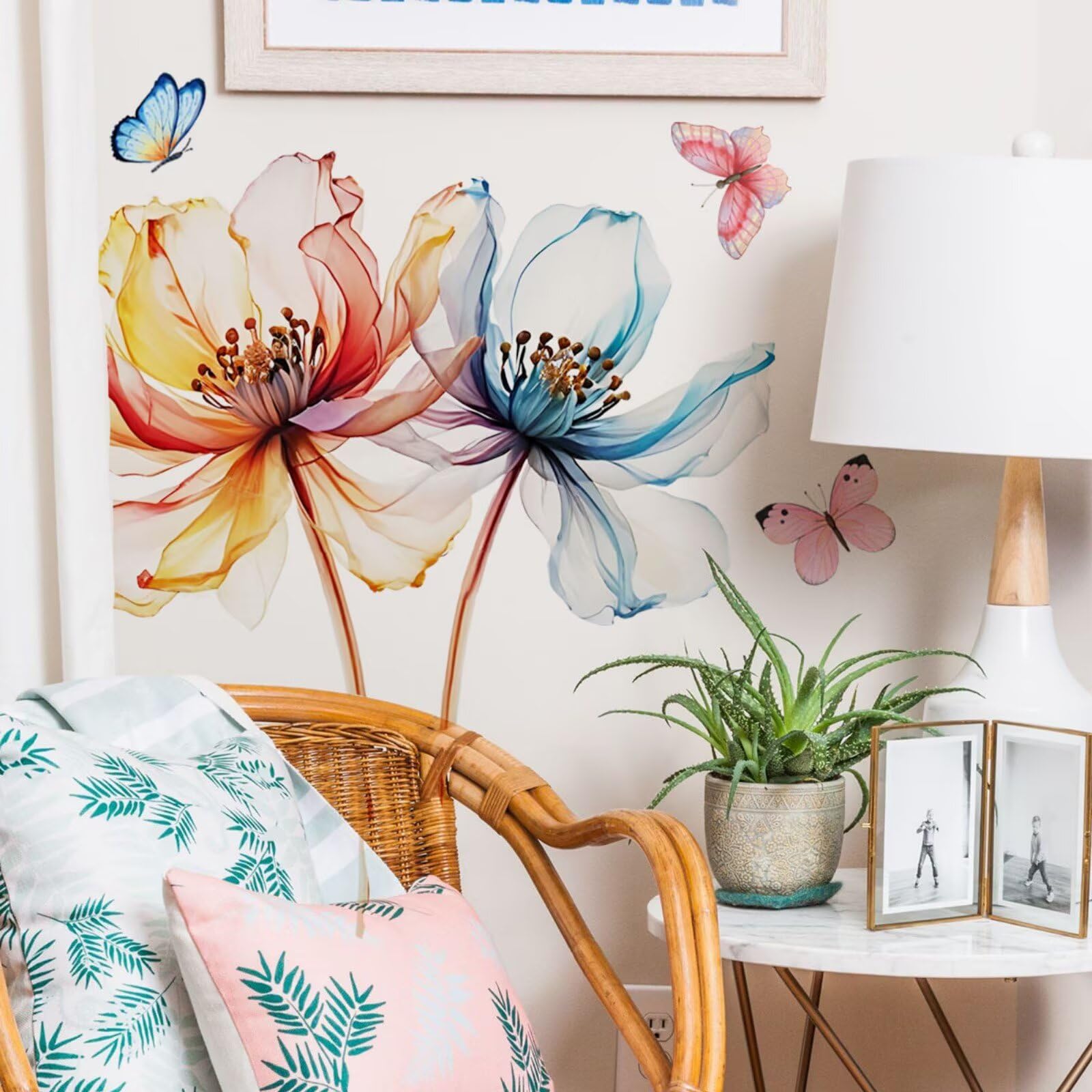 Large Flowers Wall Decals Butterfly Watercolor Floral Wall Stickers Murals for Bedroom Living Room Nursery Office Home Decor