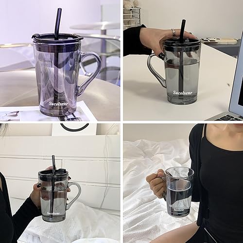 Miniatura 5 de Vaso de agua, tazas de café helado con popote y tapa sellada, taza de agua de vidrio con pajilla y tapa de 15.9 onzas para agua, café helado, leche,