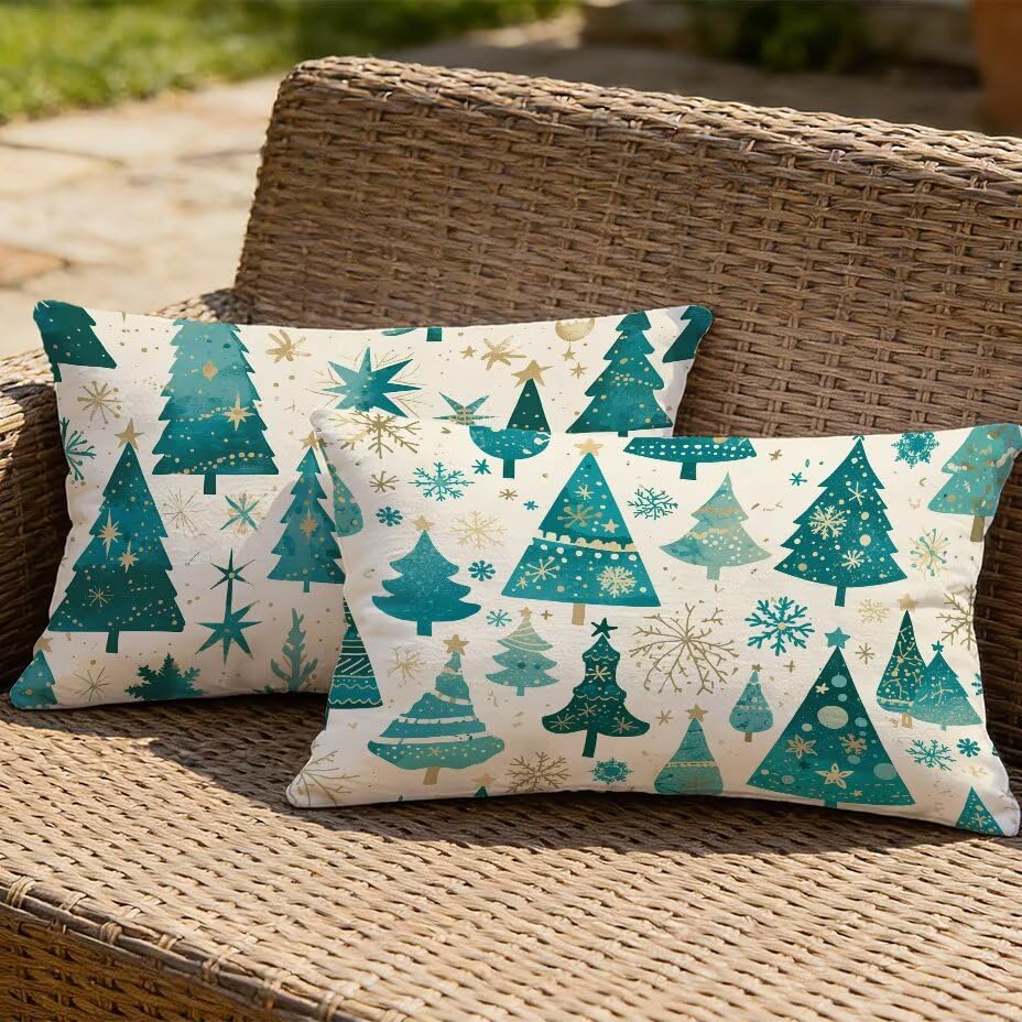 Housse de coussin extérieur 80x100 lot de 2 imperméable turquoise aspect lin