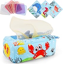 Wodasi Boîte à Tissus pour Bébé, Montessori Bebe, Boîte à Mouchoirs en Tissu Jouets Sensoriels Livre Jeux pour Bébés de 6 à 24 Mois
