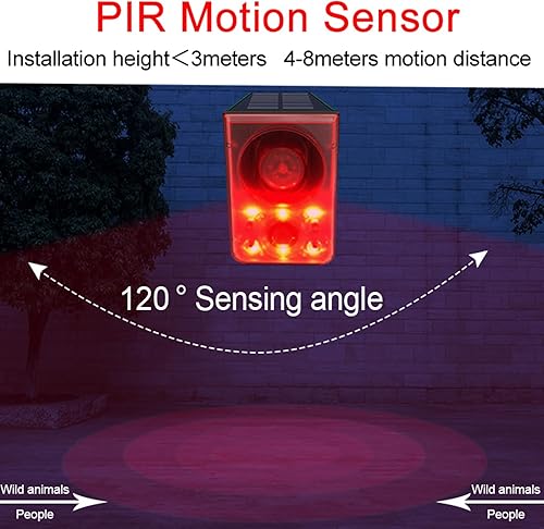 Miniatura 7 de Detector de movimiento solar para exteriores con sonido de ladridos de perro de 130 dB y disparo, carga USB y luz estroboscópica, disuade a los
