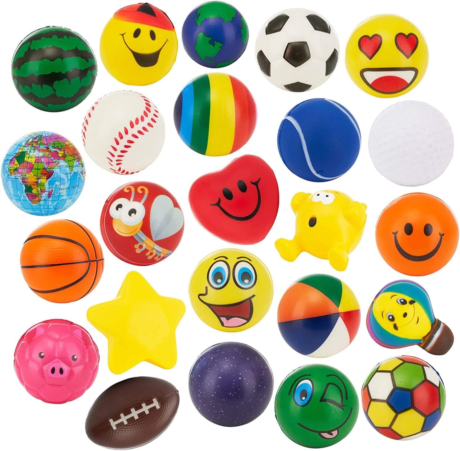 24 Stress Balls - Bulk Pack of 2.5" Stress Balls - Treasure Box Classroom Prizes, Party Favors, Or Just to De-Stress (2 Dozen) Assorted Designs and Colors for Kids, Adults and Teens