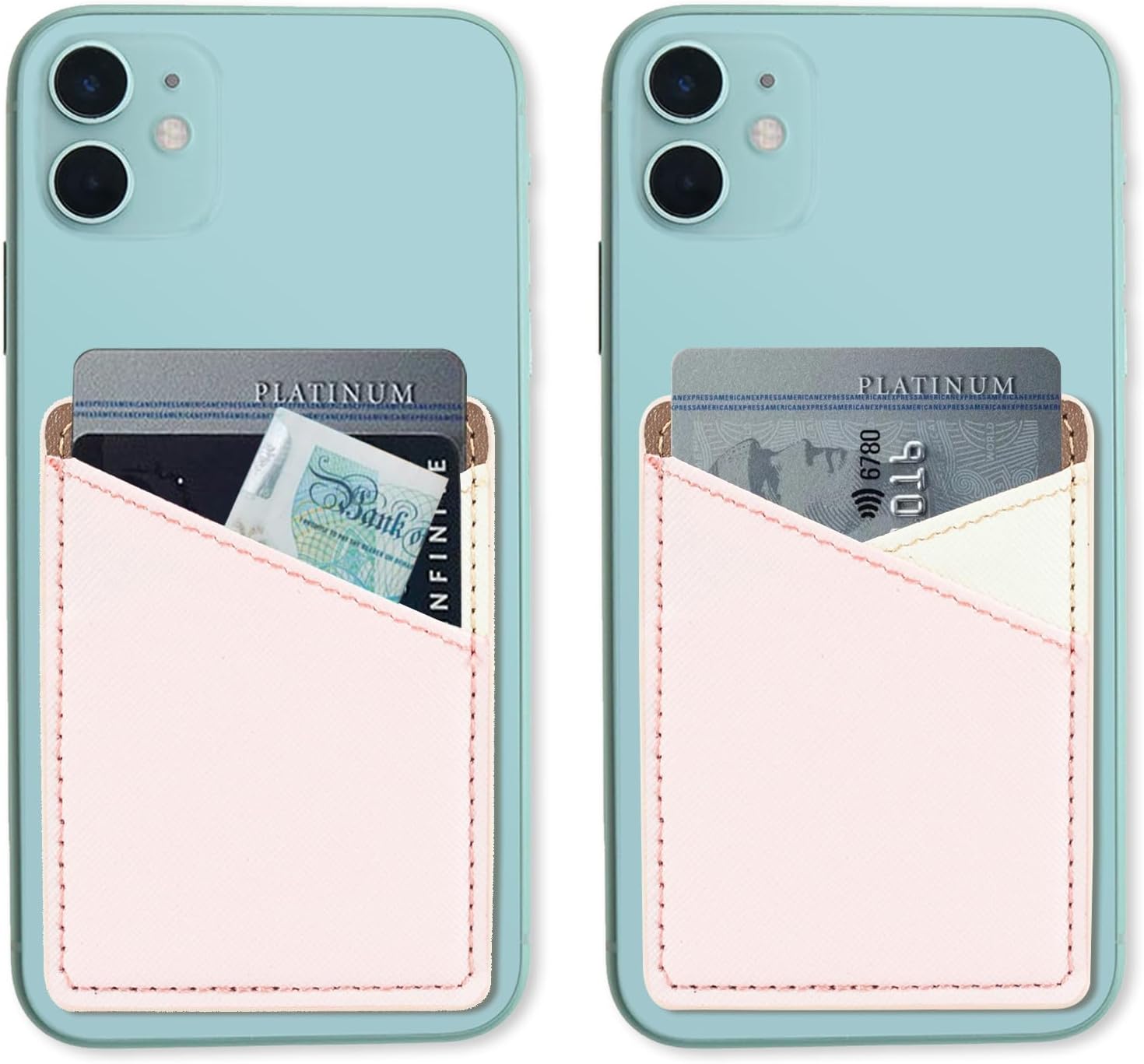 2 Pack Phone Card Holder for Back of Phone, Leather Phone Wallet Stick On, Credit Card Holder for Phone Case Compatible with iPhone, Android Phone - Cross Pattern - BeigePink Leather